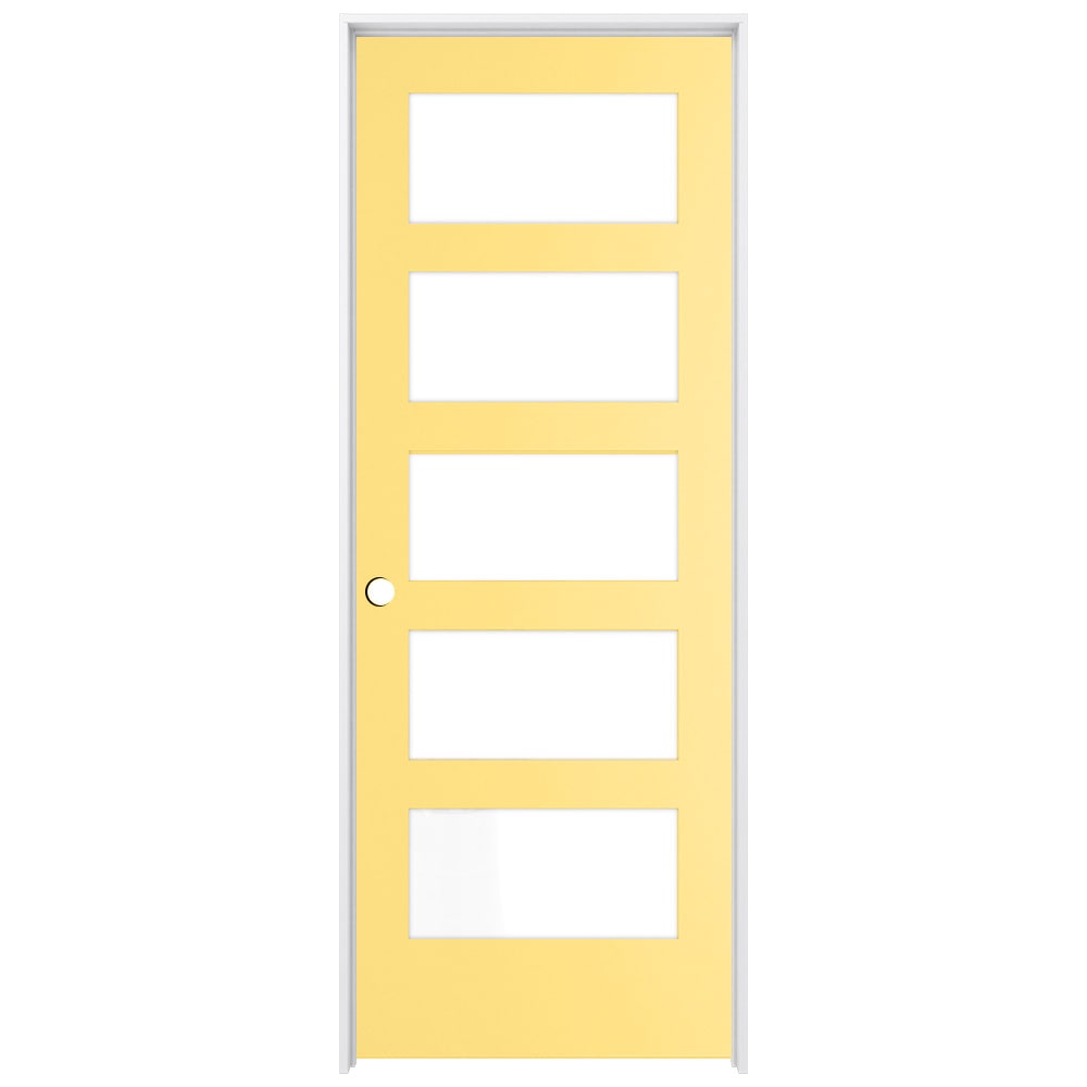 RELIABILT LO1370641 30-in x 80-in Marigold Solid core 5-panel equal Frosted glass Right hand Smooth Prefinished Pine Wood Flat Jamb Single Prehung Interior Door