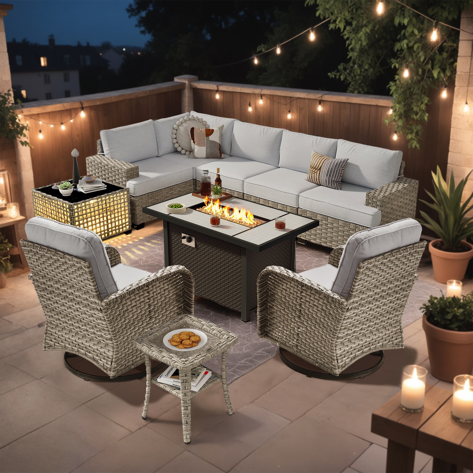 Ovios RFPTS409YV 10 -Piece Rattan Patio Conversation Set with Light Gray Cushions