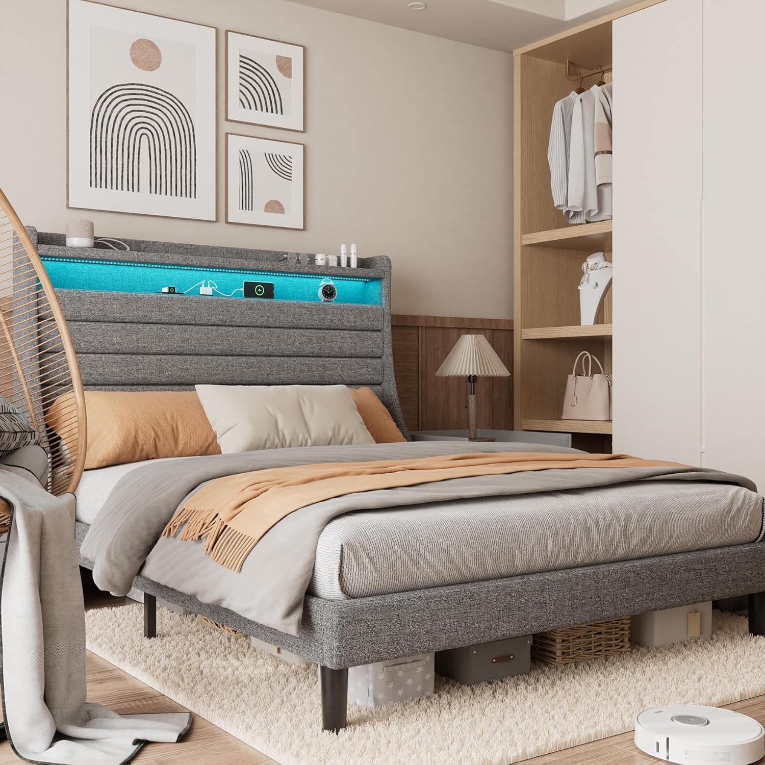 Qeetex PD-PHO-34497SNU Queen Upholstered Bed Frame With Headboard-Charging Station-LED Lights-Wood Slat Support-No Box Spring Needed-Easy Assembly-Grey