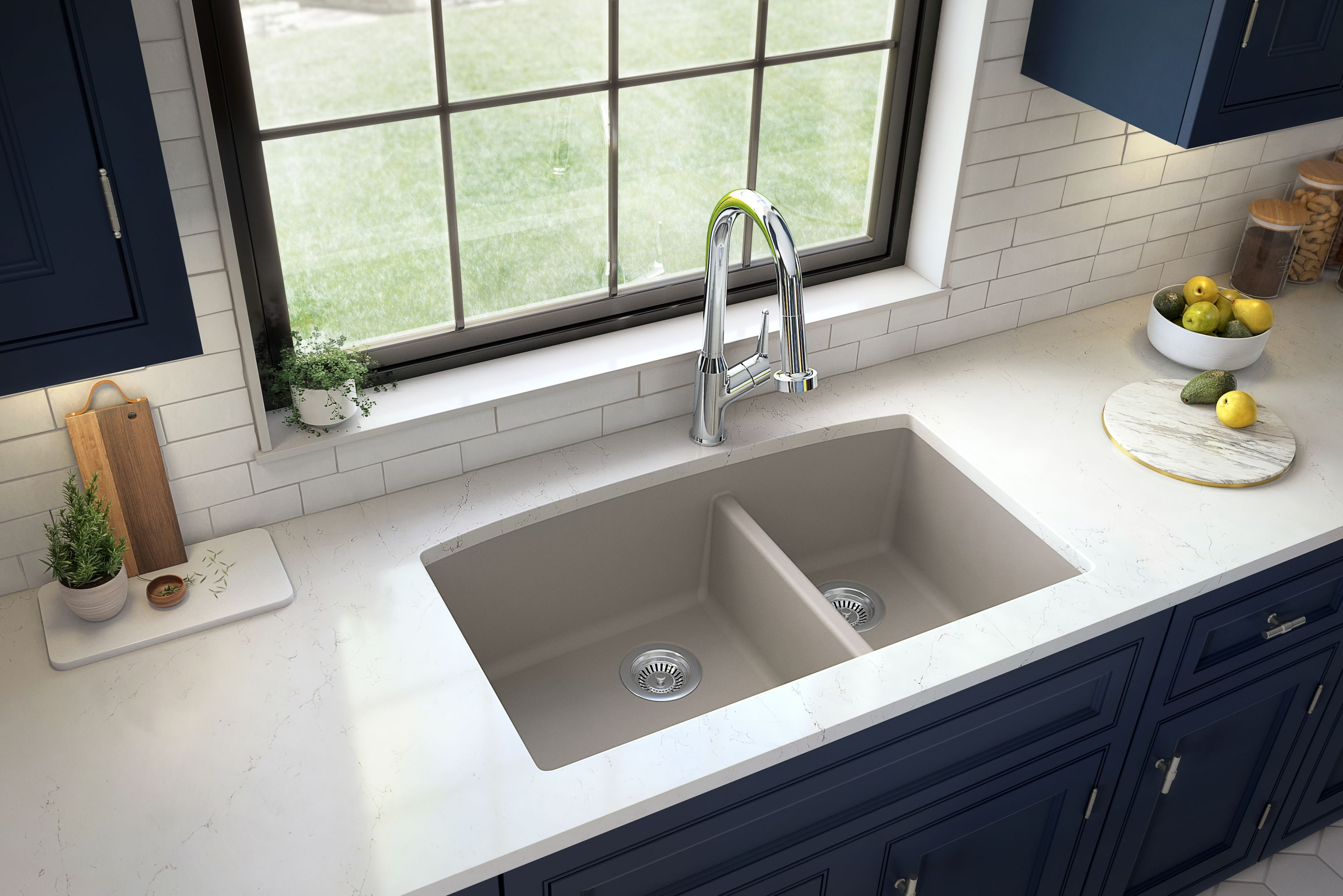 Karran QU-711-CN Undermount 32-in x 19.5-in Quartz Double offset bowl Kitchen Sink