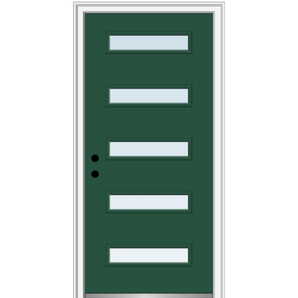 MMI DOOR ZZ349173R Spotlights 32-in x 80-in x 6-9/16-in Fiberglass Pulse lite Right-hand inswing Hunter Green Painted Prehung Front Door with Brickmould Insulating core