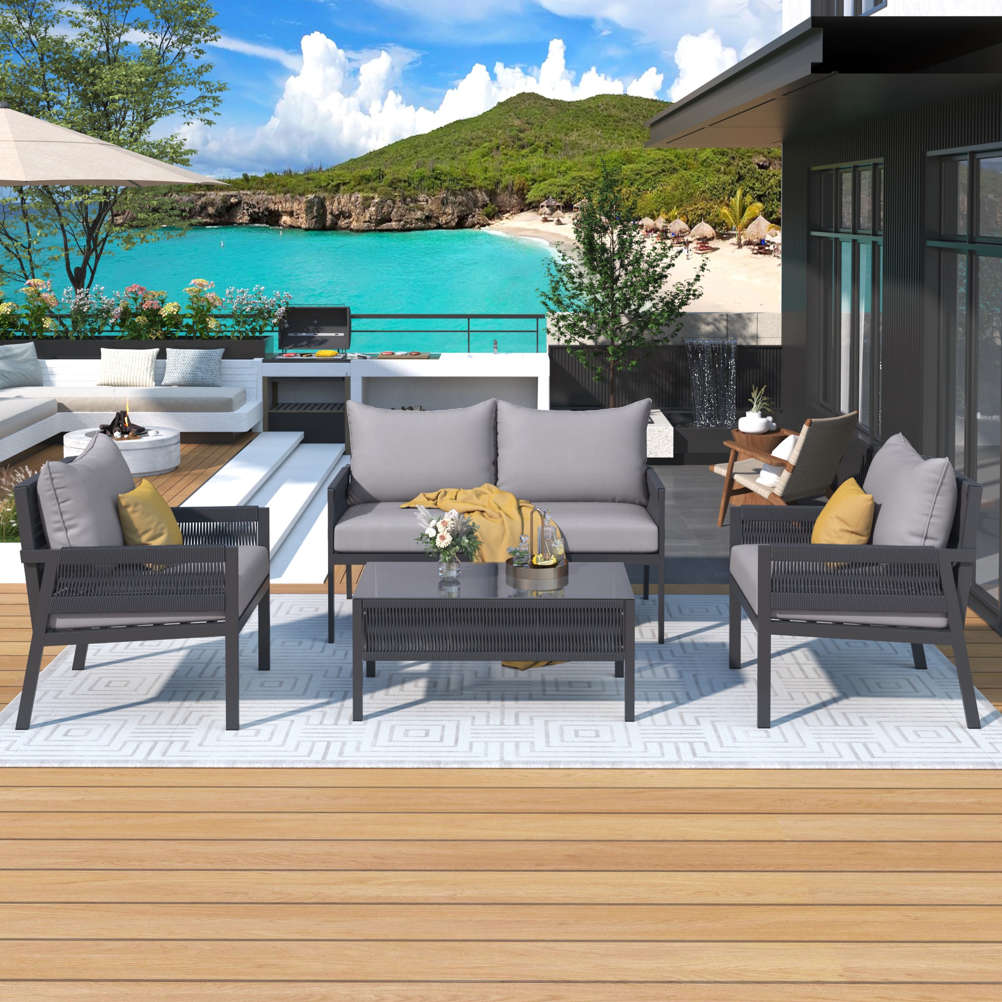 ModernLuxe L-SK000003AAG 4 -Piece Patio Conversation Set with Gray Cushions