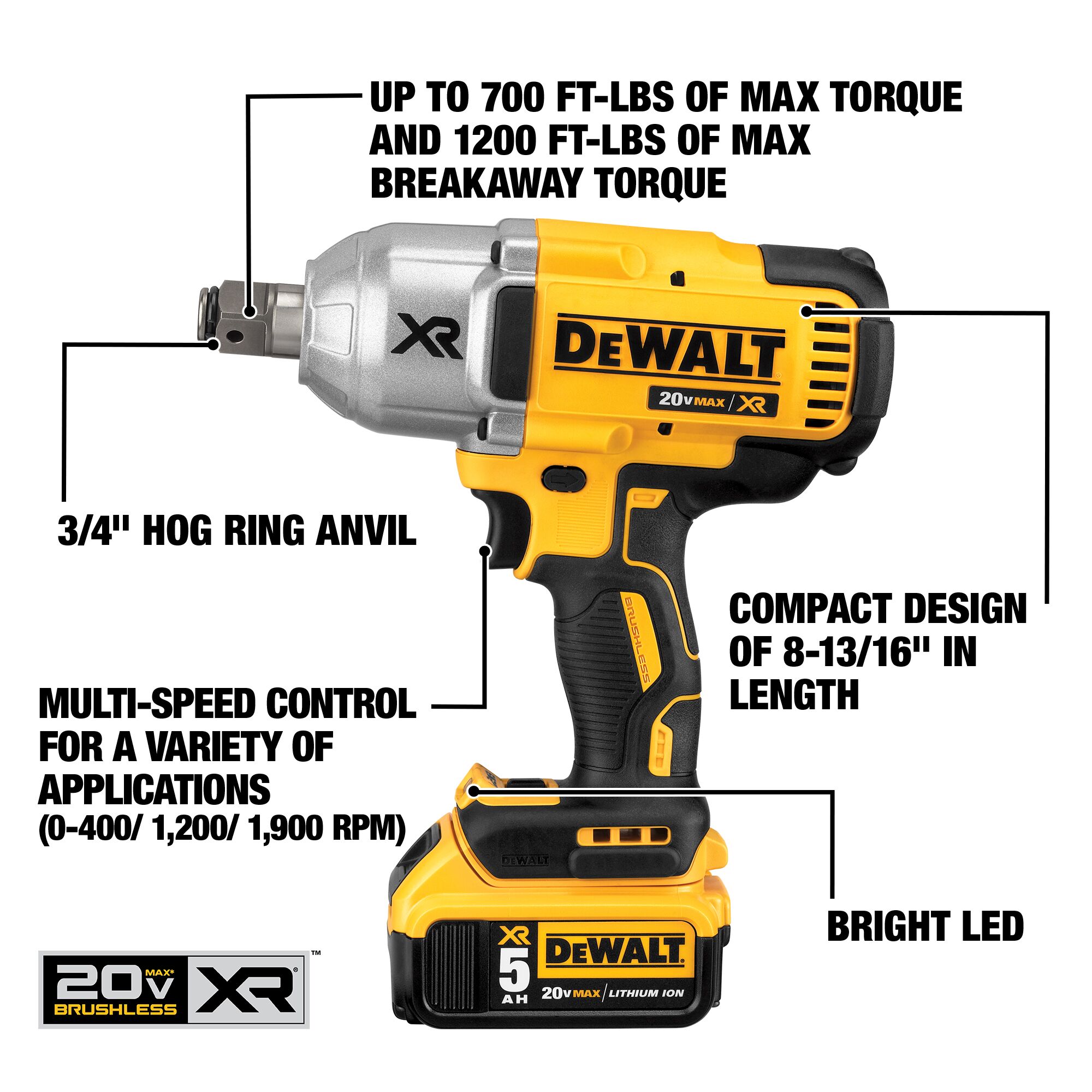 DEWALT XR Variable Speed Brushless 3/4-in square Drive Cordless Impact  Wrench (Battery Included) in the Impact Wrenches department at