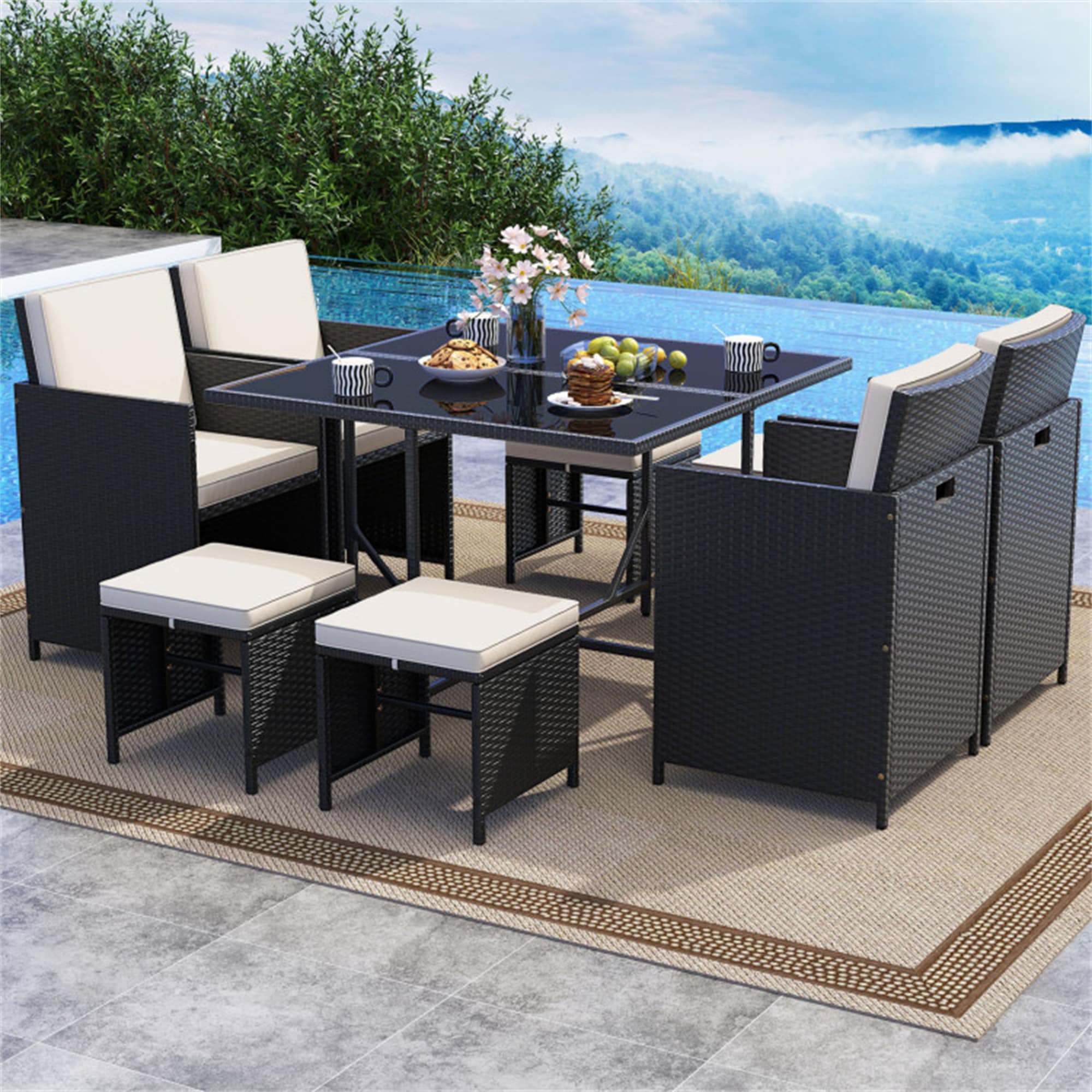 BABOOM BOM-78AB-CO Patio Furniture Set 9 -Piece Black Rattan Patio Dining Set Steel Rectangle Table with 4 Off-white Cushions Stationary Chairs