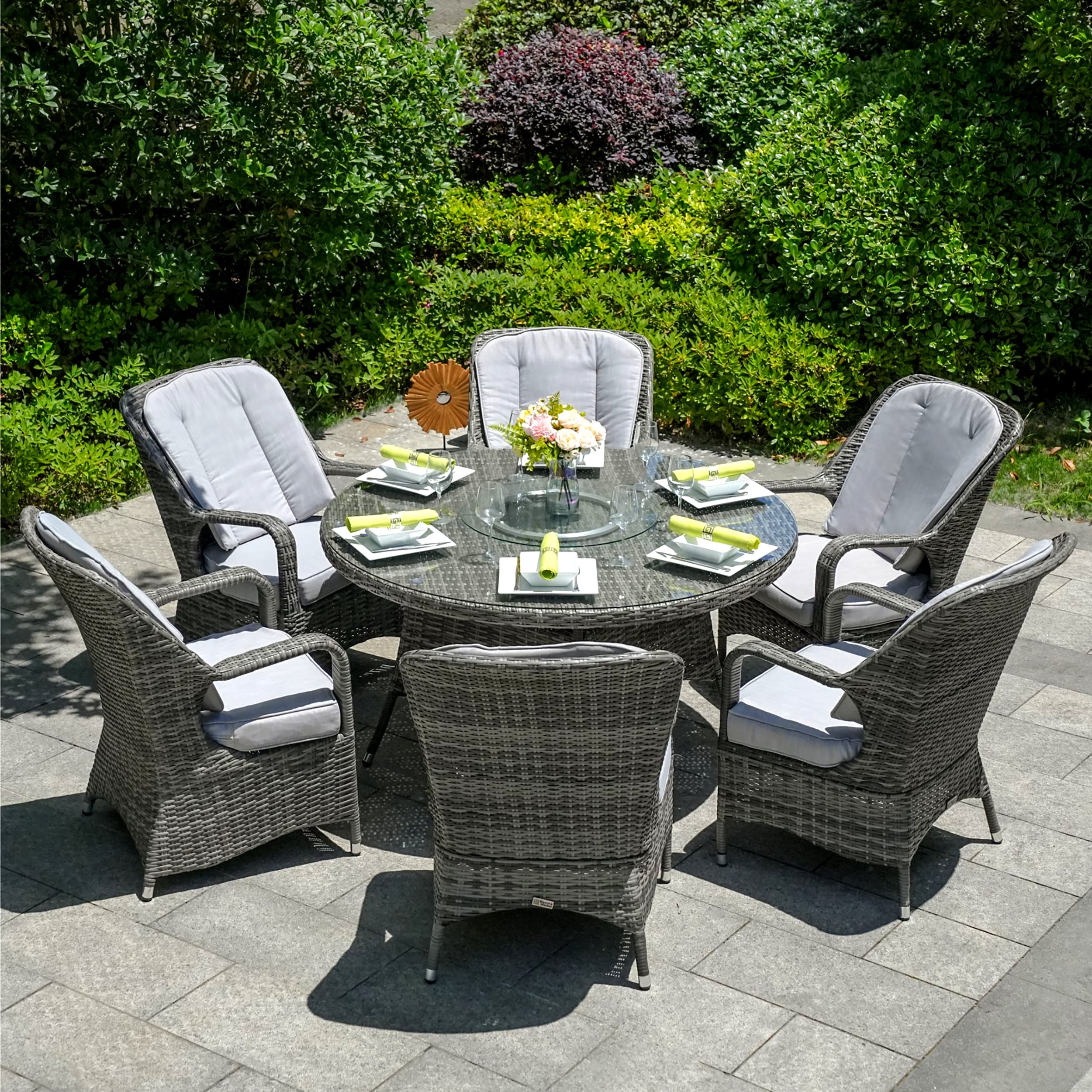 Moda Furnishings MD-PAD-1711-G 7 -Piece Gray Wicker Patio Dining Set Wicker Round Table with 6 Gray Cushions Stackable Stationary Chairs