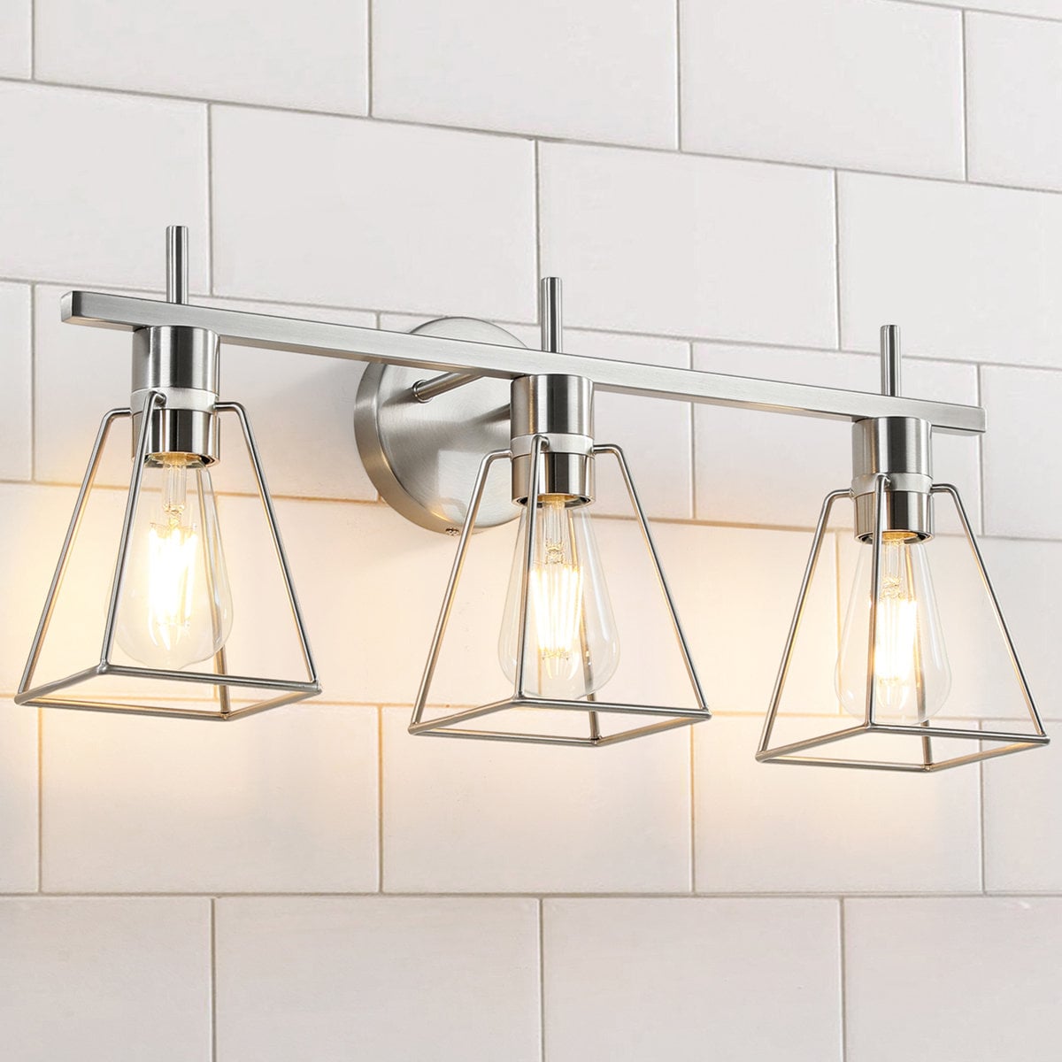 KAISITE 3-Light Industrial Bathroom Vanity Light Vintage Nickel Metal Cage Wall Sconce - Rustic Farmhouse Fixture for Mirror Cabinet in Bedroom Living Room