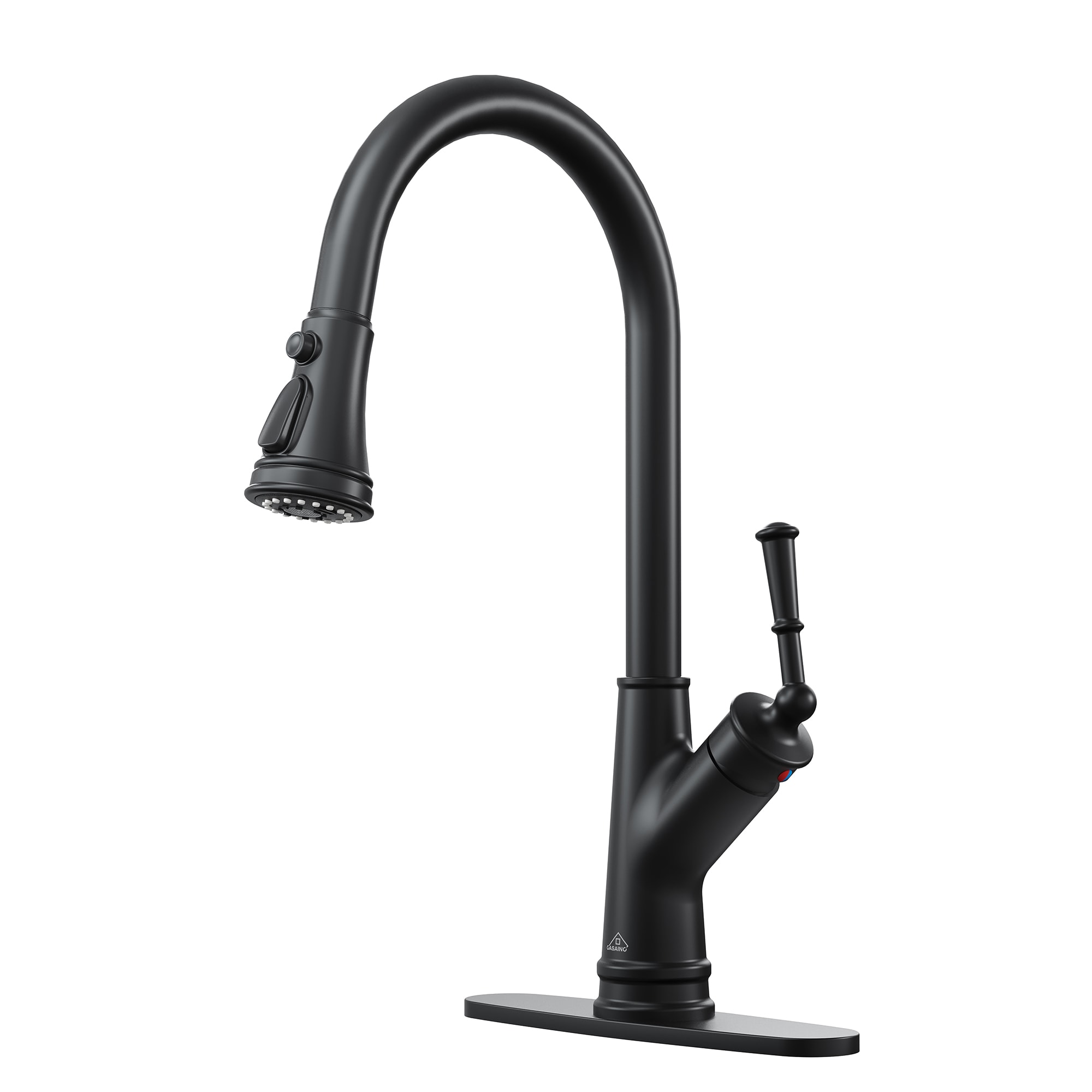 CASAINC RB0762-WE Matte Black Single Handle Deck-mount Pull-out Kitchen Faucet with Sprayer ( Deck Plate Included )