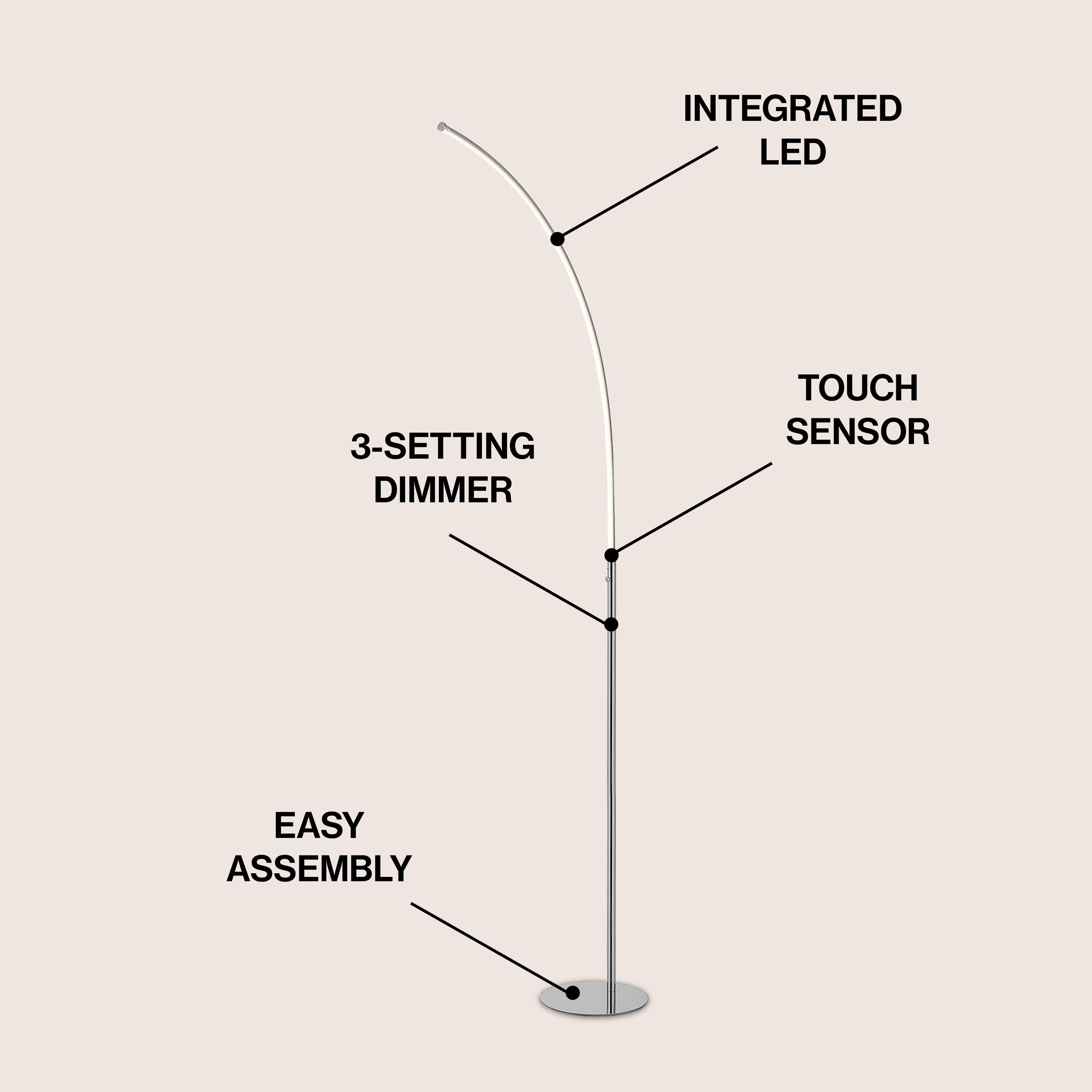 Arc 64" Chrome Finish White LED Floor Lamp with Touch Sensor