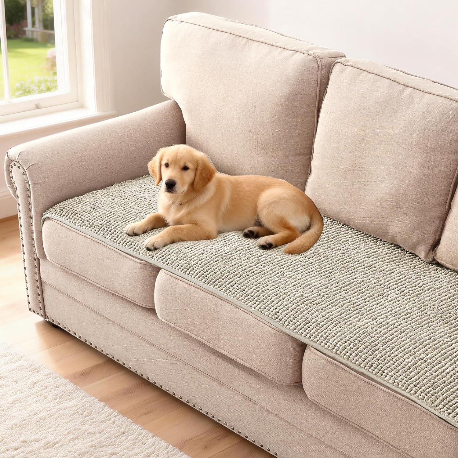 H.Versailtex  Plush Chenille Sofa Pet Bed Cover Thick AntiSlip Protector for 3Cushion Couch 27.5 x 71 in Oatmeal