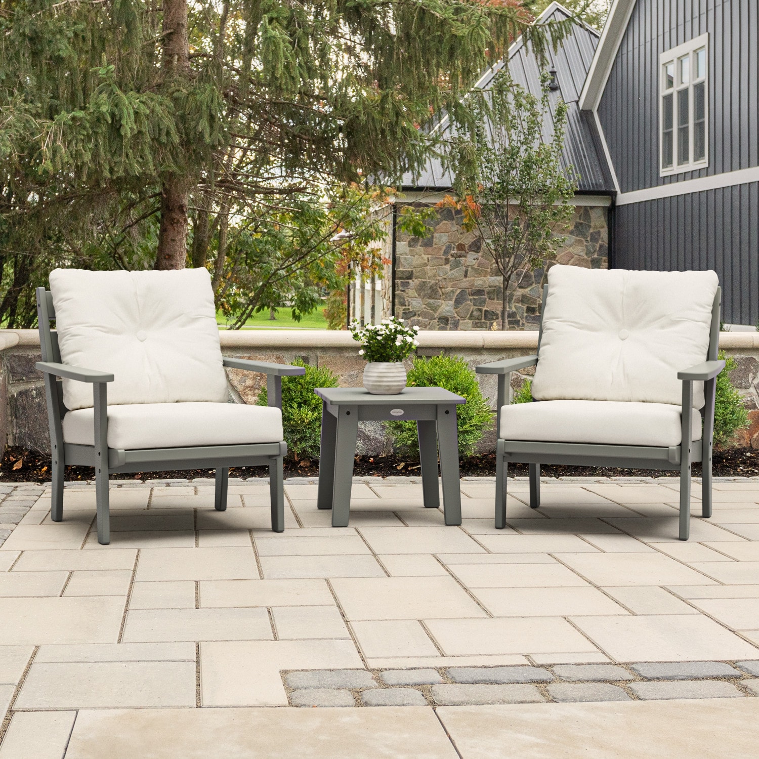 allen + roth by POLYWOOD PWS732-2-GY152939 Oakport 3 -Piece Patio Conversation Set with Off-white Revolution Cushions