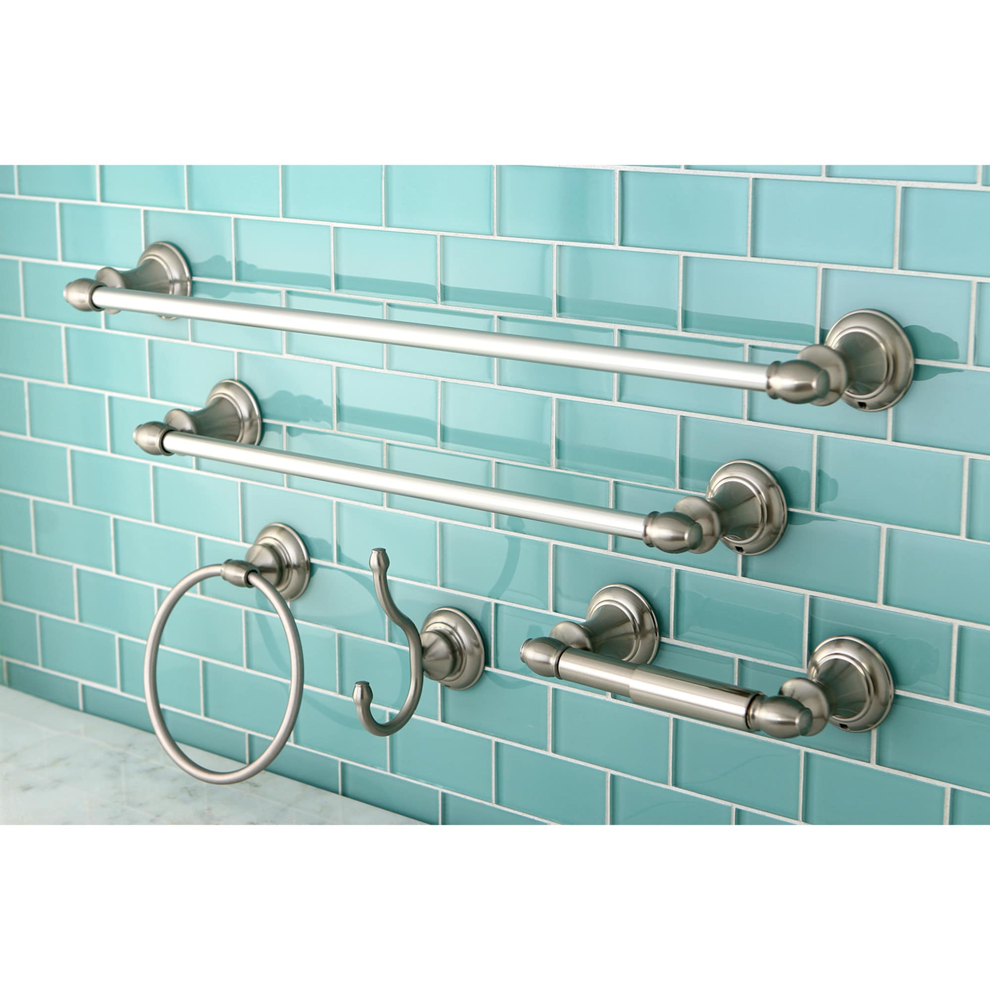 Kingston Brass WLBAHK2612478SN 5 -Piece Brushed nickel Decorative Bathroom Hardware Set Towel Bar, Toilet Paper Holder, Towel Ring ,Robe Hook Included