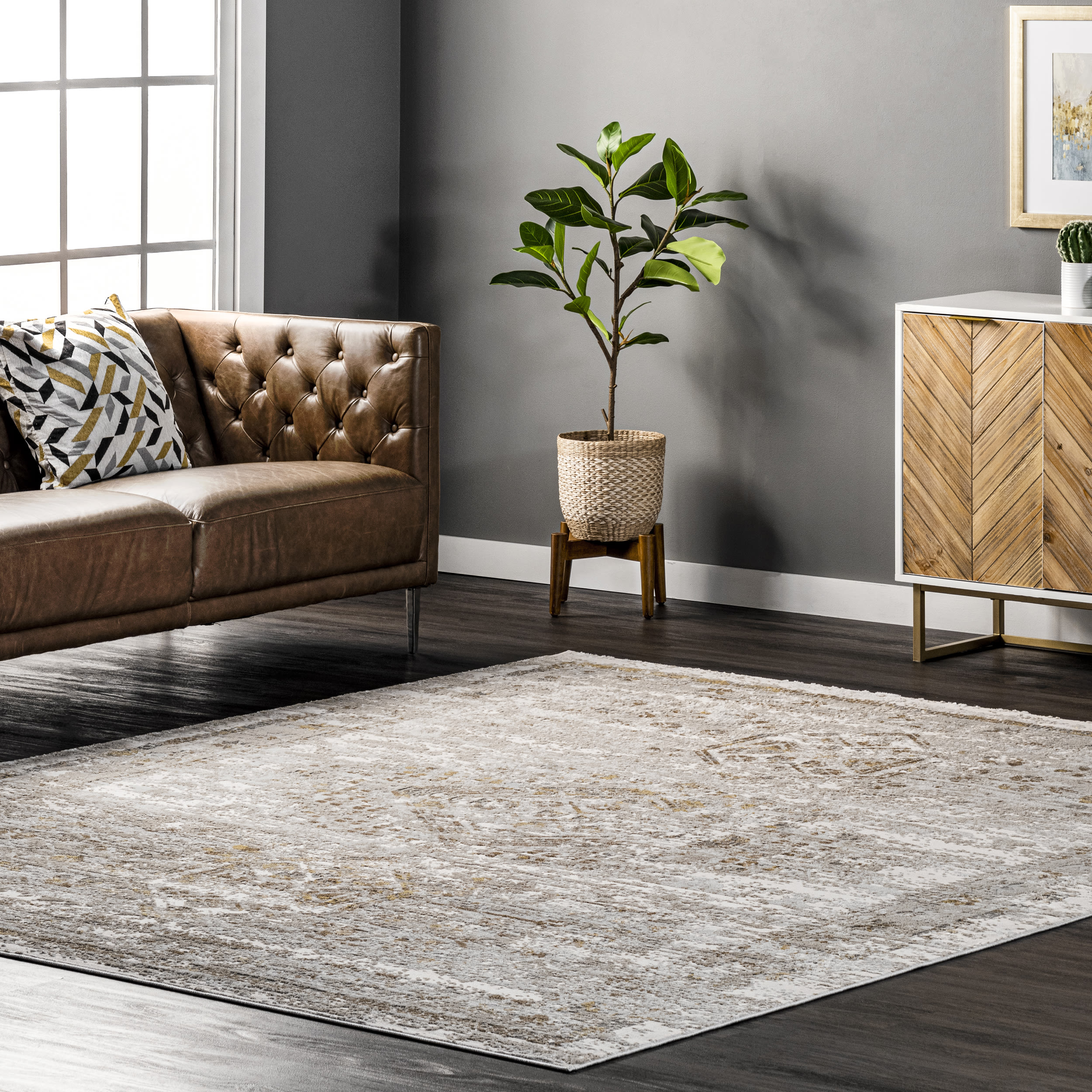 Elegant Faded Medallion 4' x 6' Beige Synthetic Area Rug