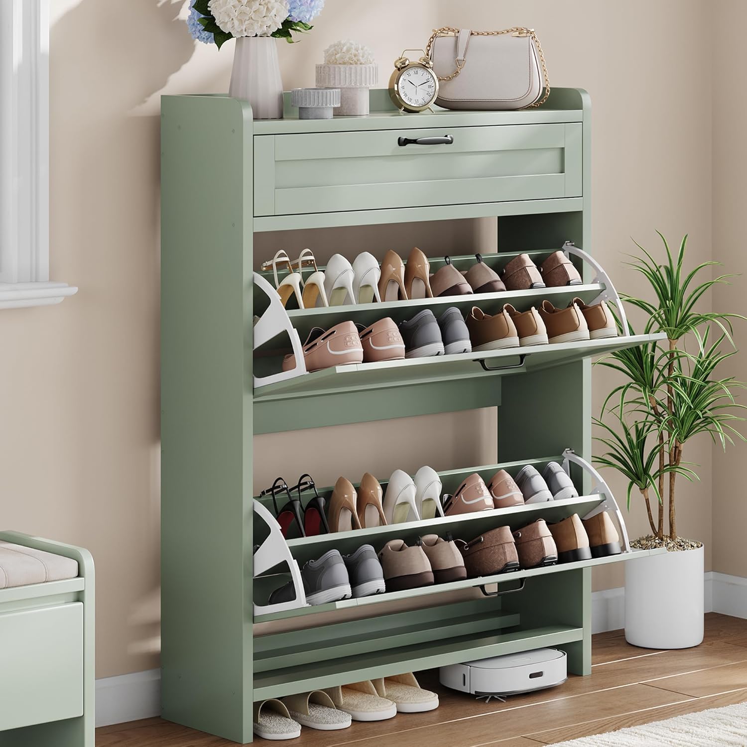 GAOMON Shoe cabinet with 2 flip drawers and top drawer adjustable shelf freestanding hidden entryway shoe storage organizer