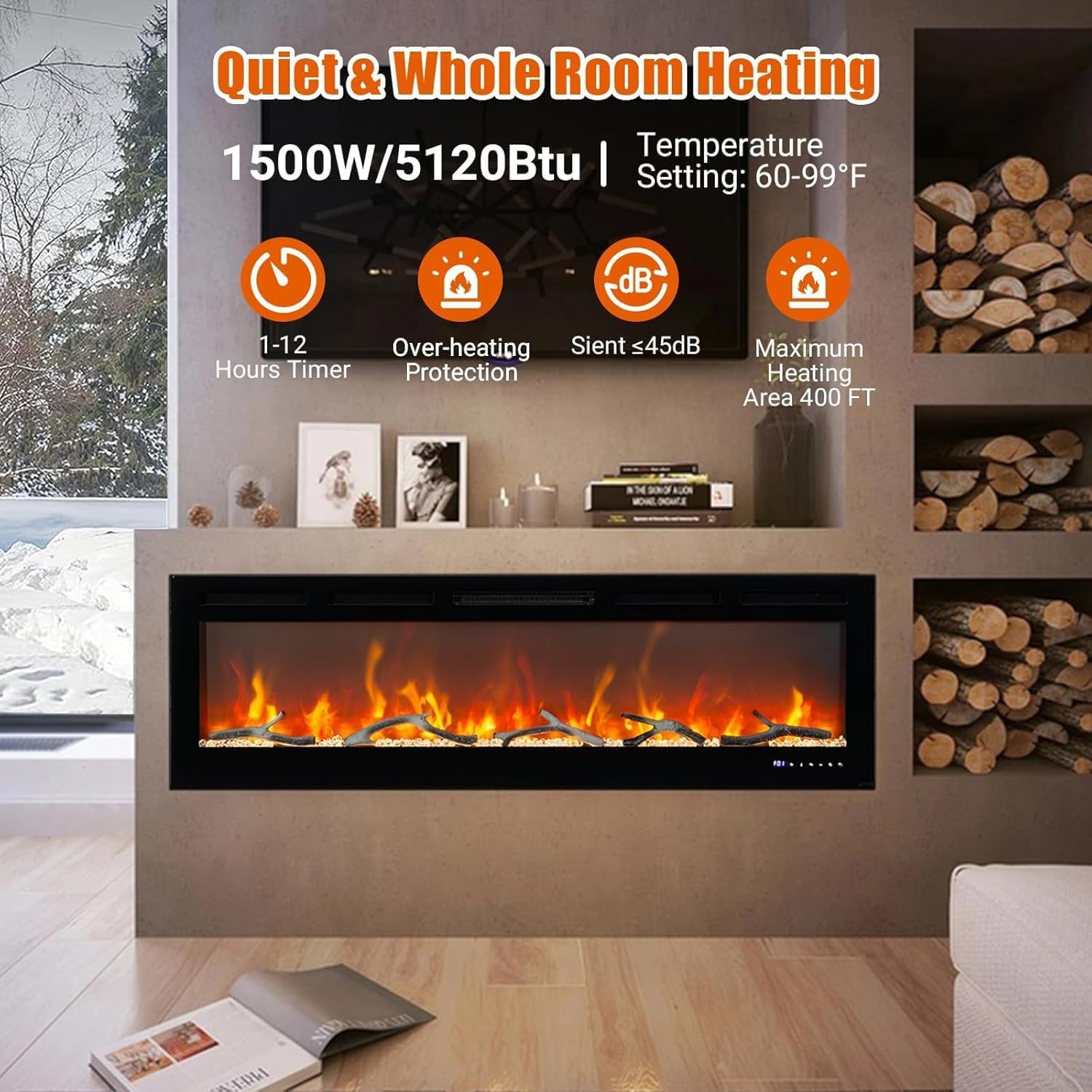 Qeetex DBL-PHK-34CTNE5H 80 Inch Built In Electric Fireplace Ultra Slim Wall Mounted Heater Voice Activated Smart Control 12 Flame Effects 13 Ember Colors Remote Wifi Adjustable Brightness