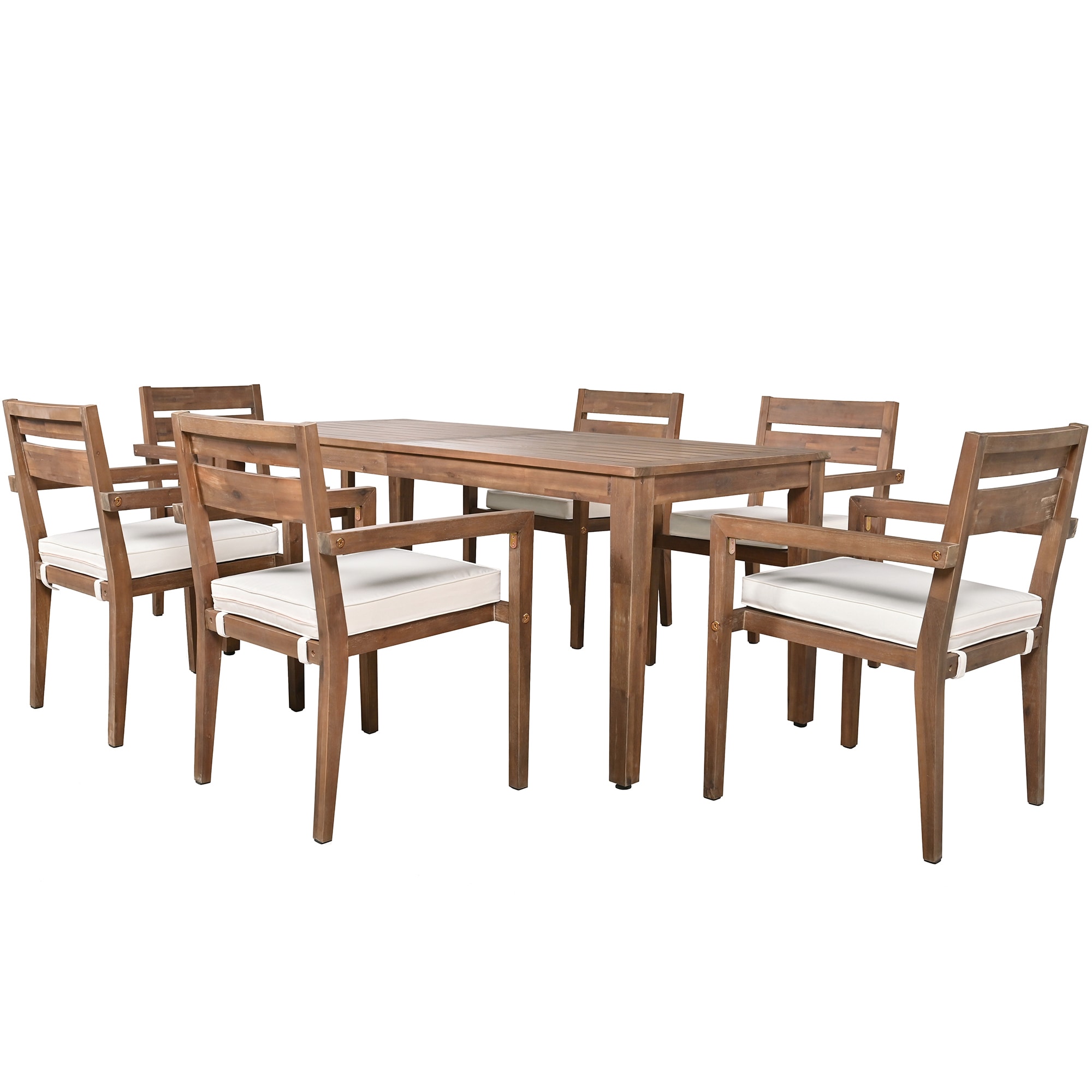 SINOFURN SYA020395BG 7 -Piece Brown Patio Dining Set Wood Rectangle Table with 6 Off-white Cushions Stationary Chairs
