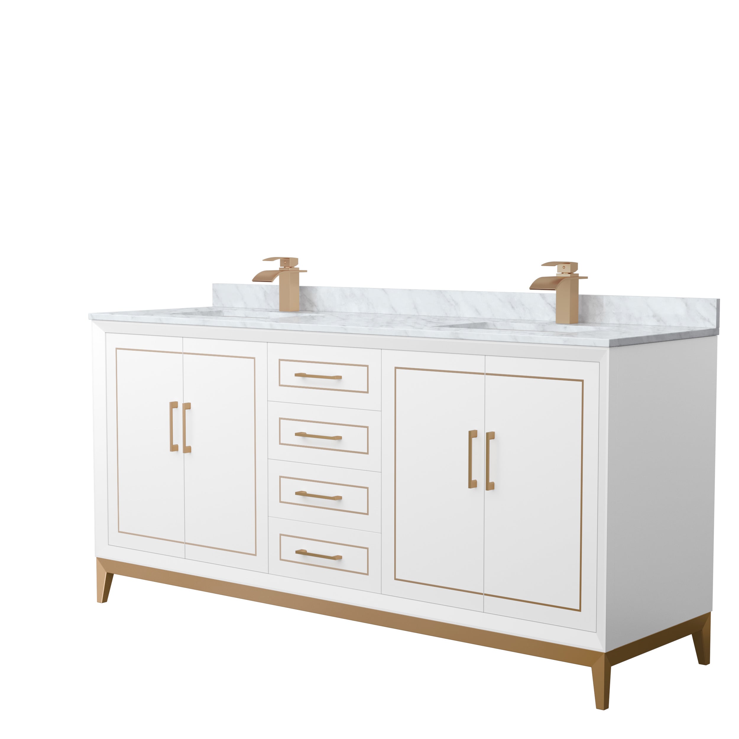 Wyndham Collection WCH515172DWZCMUNSMXX Marlena 72-in White with Satin Bronze Trim Undermount Double Sink Bathroom Vanity with White Carrara Marble Natural Marble Top