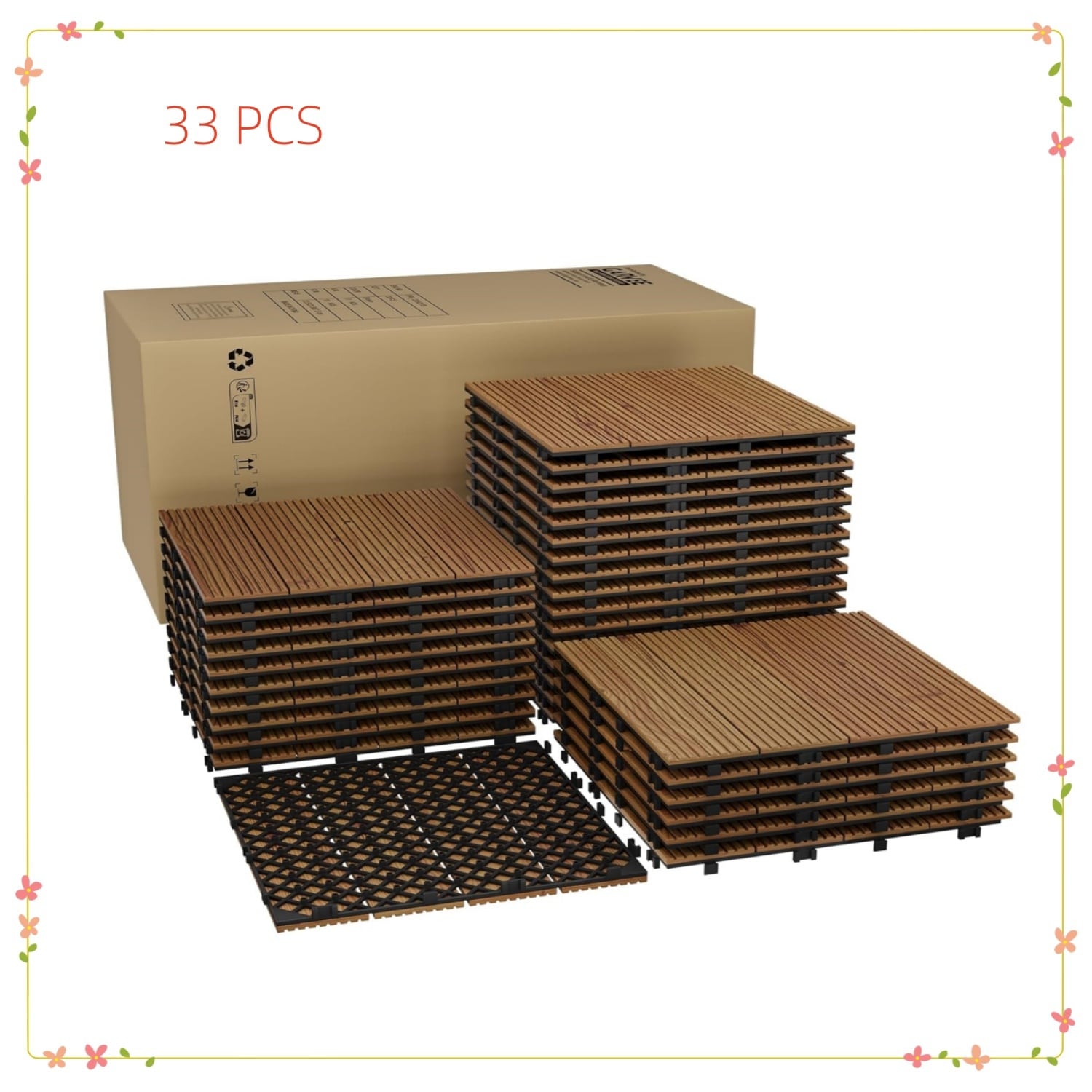 Garvee 33-Pack Acacia Wood Interlocking Deck Tiles 12x12 In Covers 32 Sq Ft for Indoor/Outdoor DIY Installation