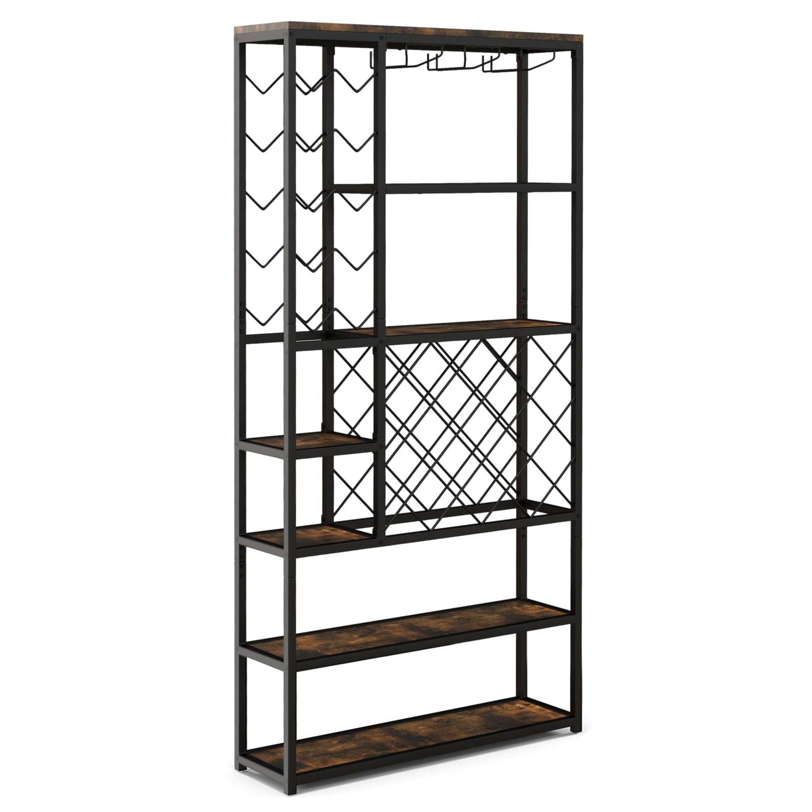 Slickblue D-CO-41901VJ 27-Bottle Industrial Floor Wine Rack Rustic Brown and Black Engineered Wood Metal Freestanding with Stemware Holders for Kitchen or Dining Room