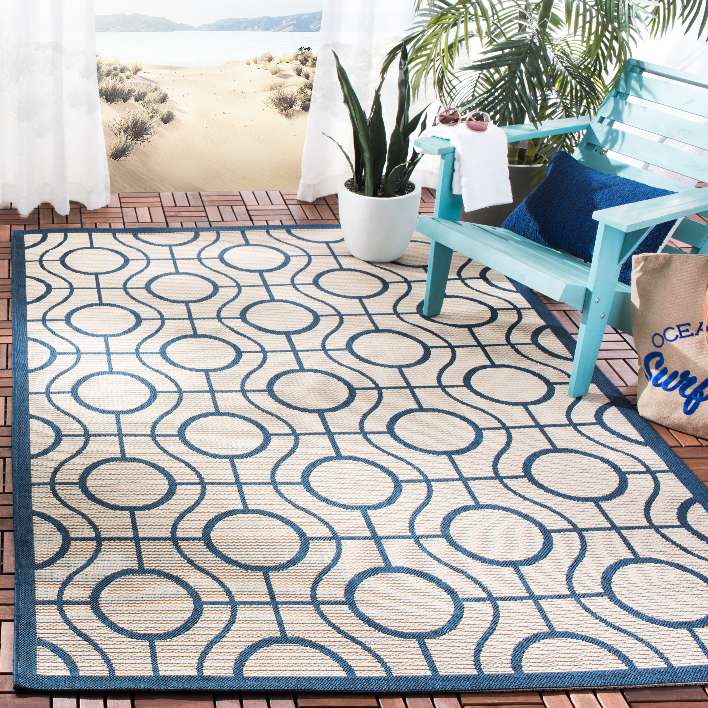 Safavieh CY6115-258-3 Courtyard Malawi 3 x 5 (ft) Loomed Polypropylene Beige/Navy Rectangular Indoor/Outdoor Abstract Throw rug