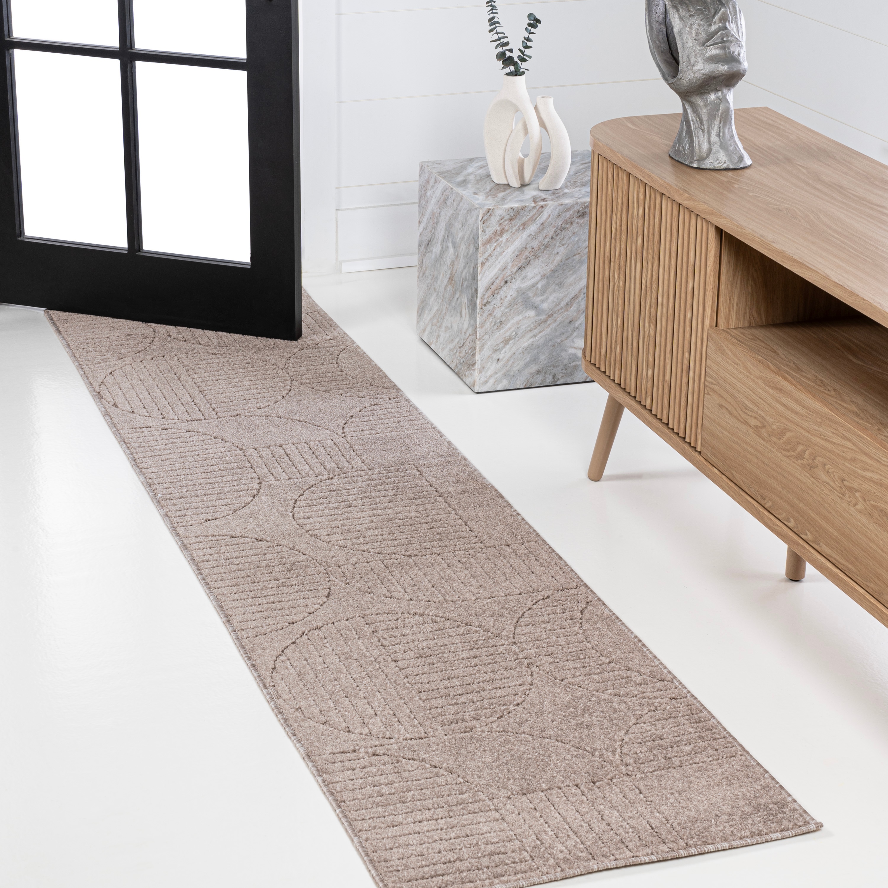 JONATHAN  Y SCN104D-28 SCANDINAVIAN Nordby High-Low Arch 2 x 8 (ft) Loomed Polypropylene Taupe/Beige Rectangular Indoor/Outdoor Stripe Bohemian/Eclectic Runner rug