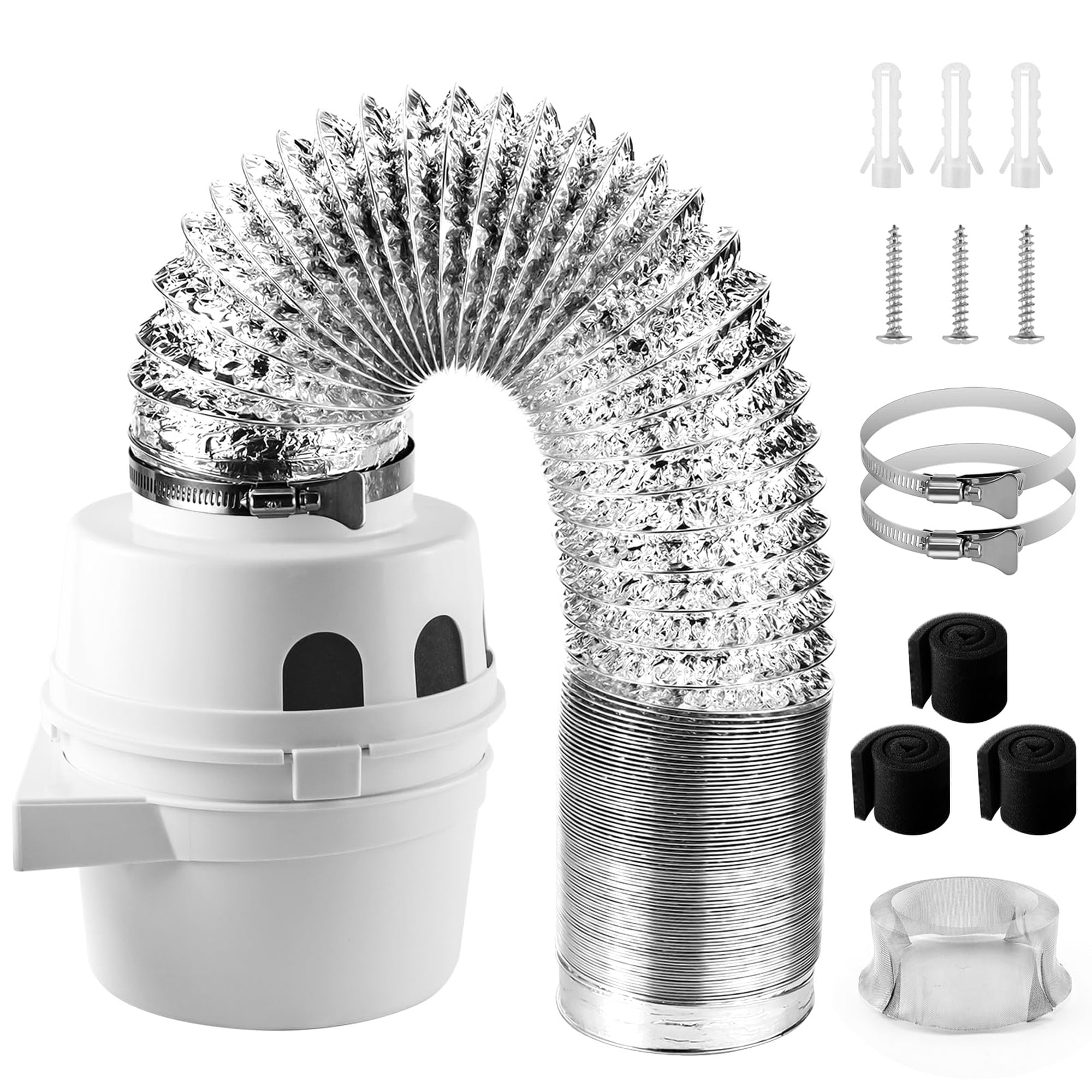 Angel Sar 3 in 1 Indoor Electric Dryer Vent Kit with Filter Bucket and 4 Inch by 5 Foot Proflex Ducting Hose White