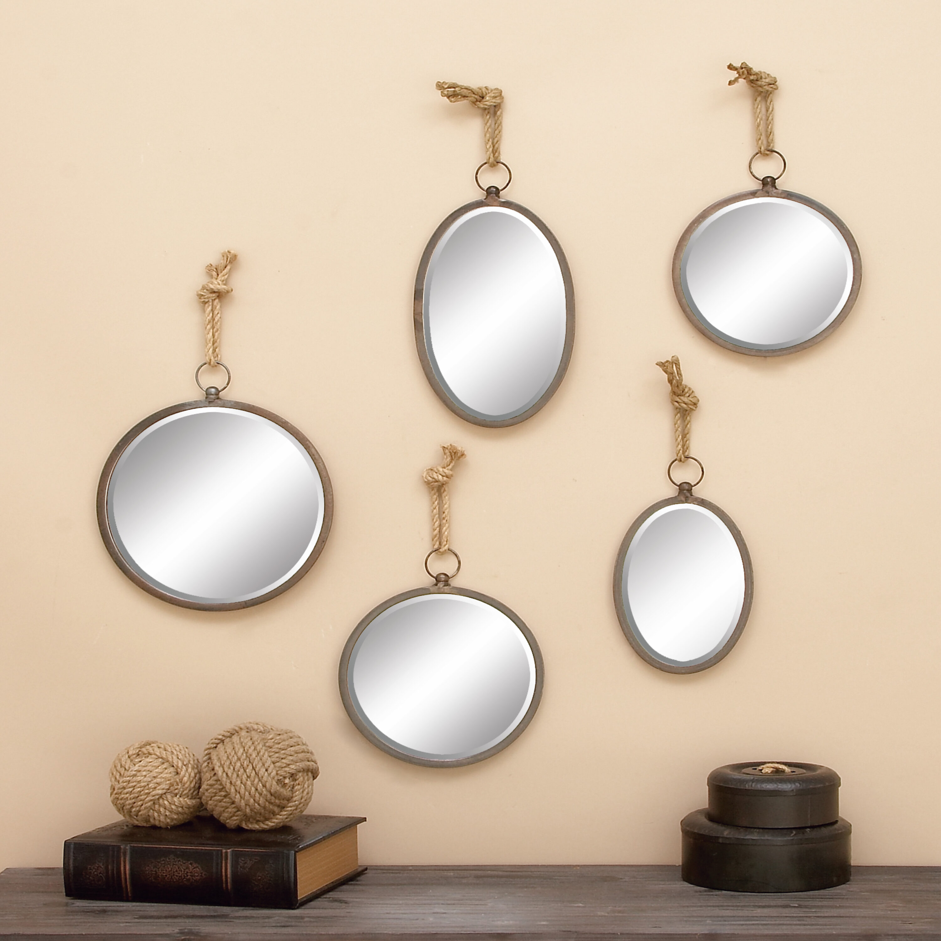 Grayson Lane 54421 12.9-in W x 21.85-in H Round Gray with Hanging Rope Framed Wall Mirror