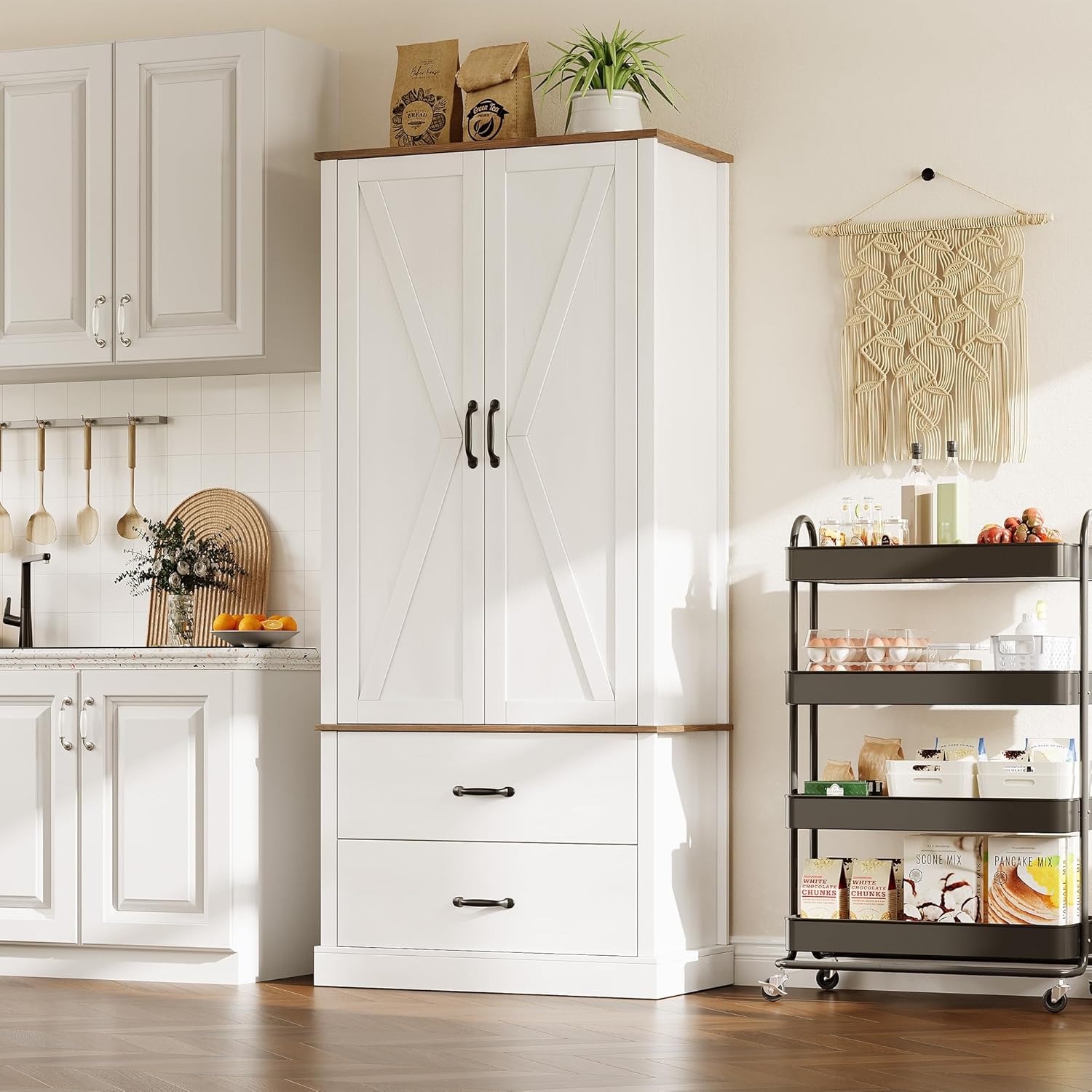 Qeetex NL-PHO-169Z89JN White Kitchen Pantry Cabinet with 2 Drawers Farmhouse Tall Storage Cabinet Wood Food Pantry with Barn Doors and Adjustable Shelves Versatile Storage Freestanding Cupboard for Kitchen