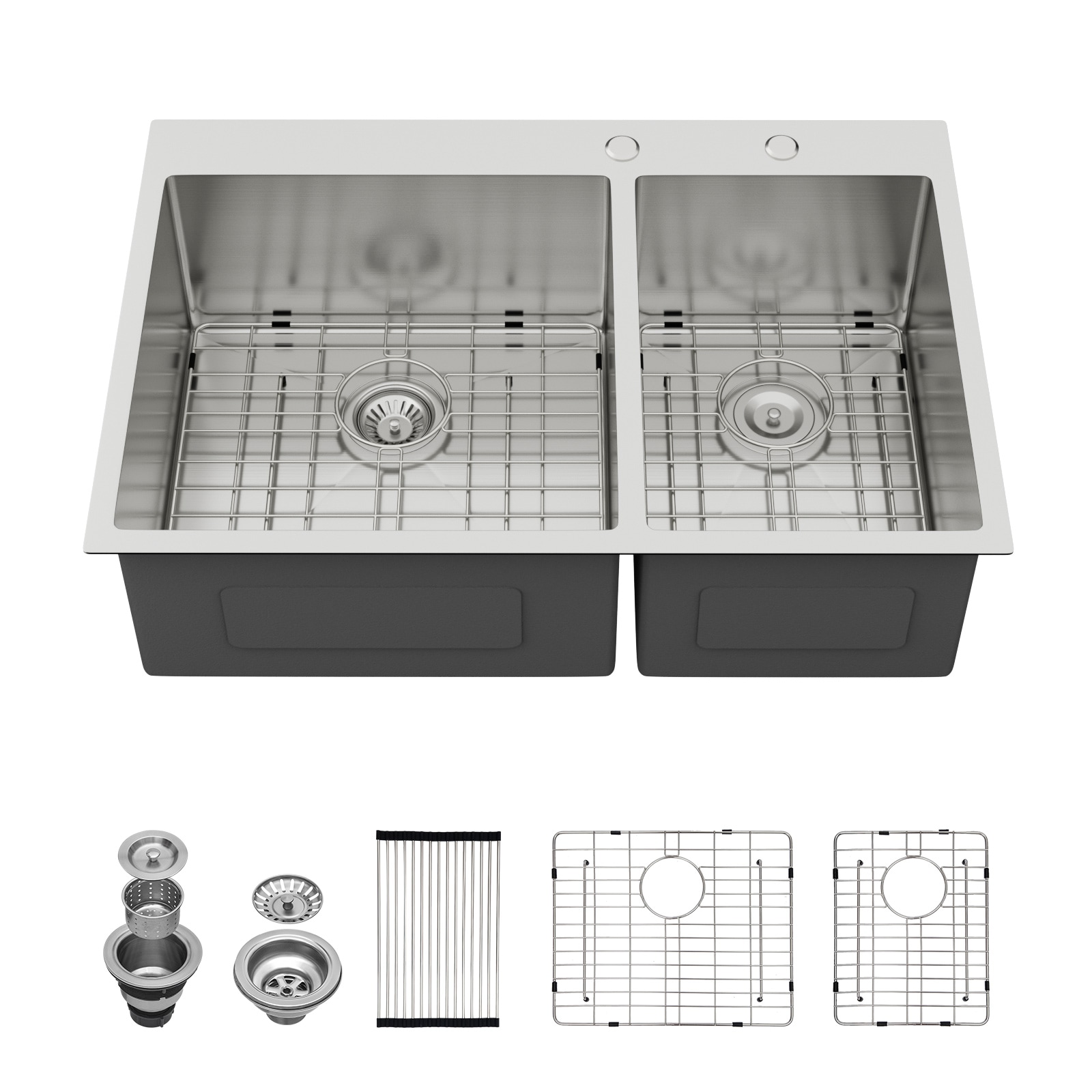 KICHAE Drop-in 33-in x 22-in 16 Gauge Stainless Steel 60/40 Double Bowl Kitchen Sink in Gunmetal Black with Bottom Grid #LKSTTS33221B64