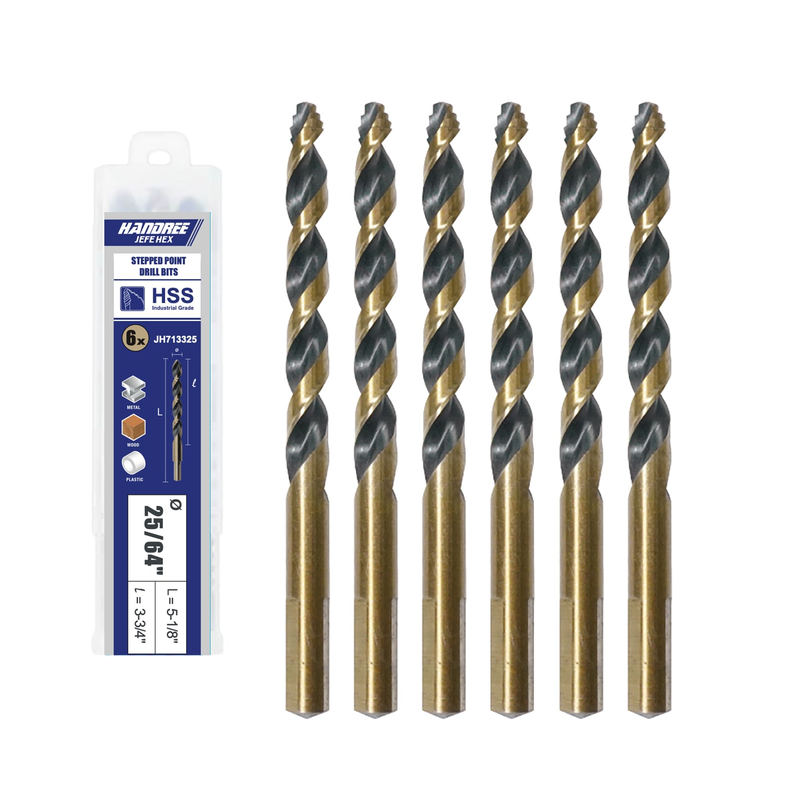 Handree  6-Piece 25/64 HSS Stepped Drill Bits 3-Flat Shank for Metal Steel Acrylic No Pilot Hole Needed
