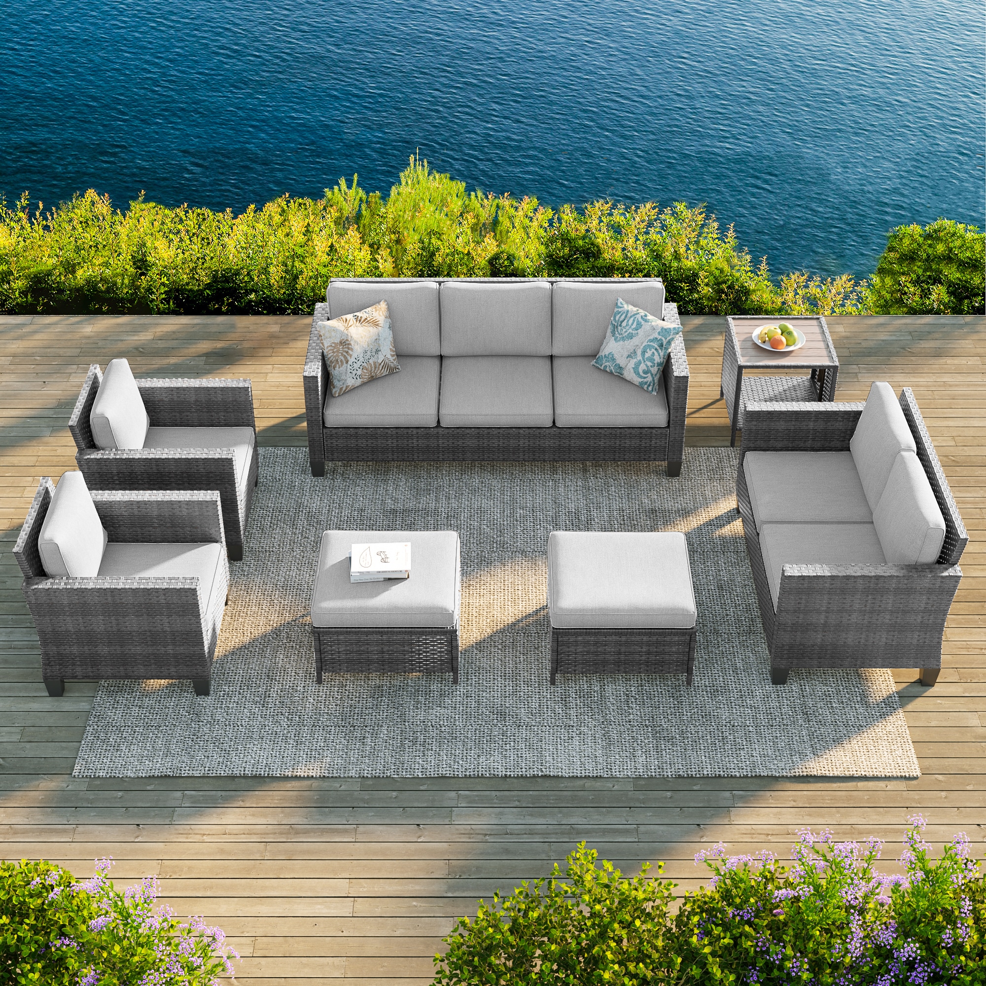 Sonkuki SD-PS-115HLY-S3T3 Patio Conversation Set 7 -Piece Wicker Patio Sofa Conversation Set with Gray Cushions