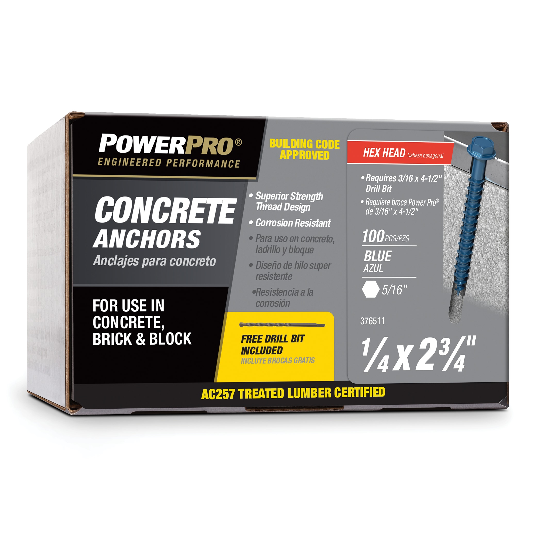 Power Pro 376511 375-lb 1/4-in x 2-3/4-in Concrete Screws Anchors 100 -Pack