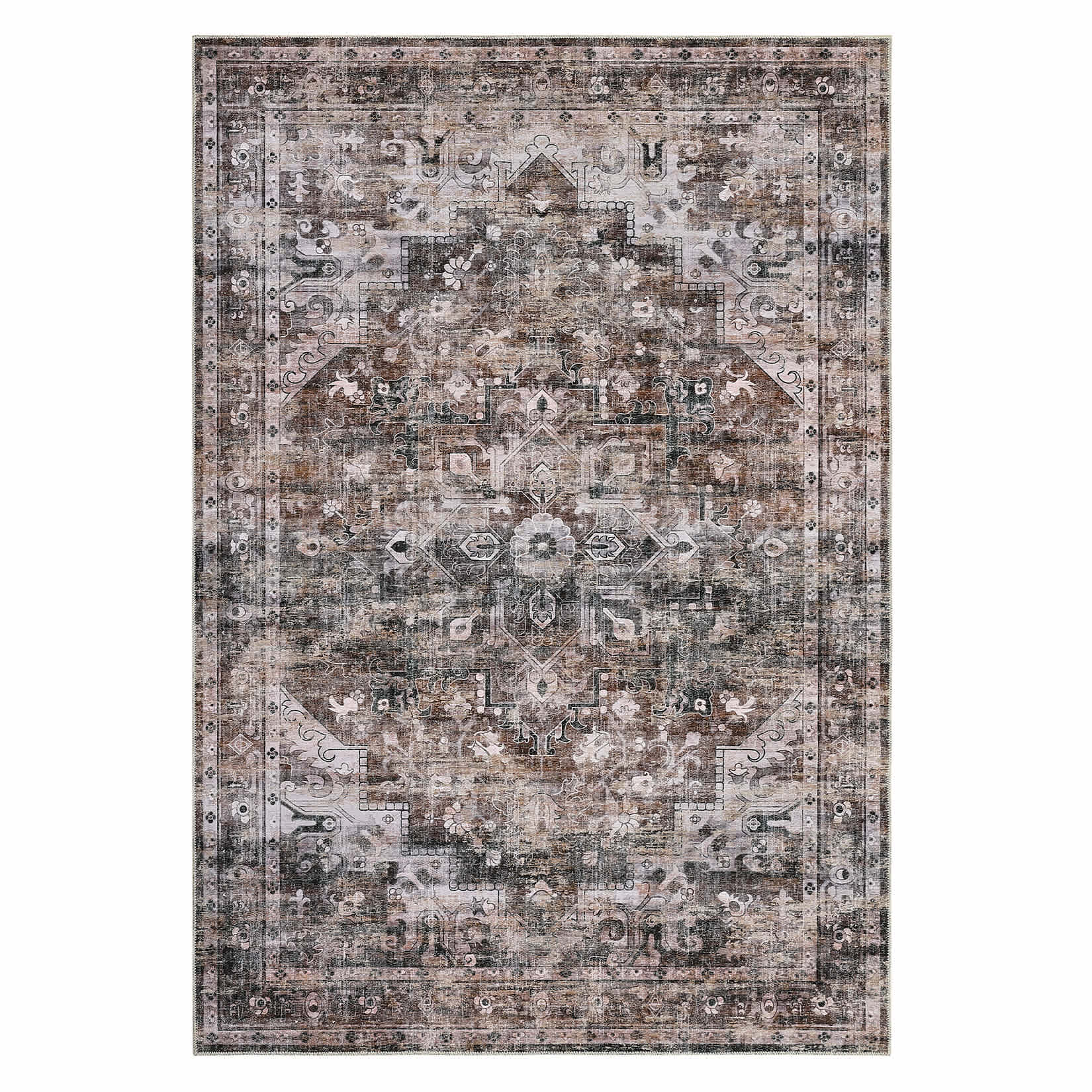 Qeetex SUNNY-PHO-11QJSP9N 5 x 7 ft Polyester Brown Rectangular Indoor Bedroom Living Room Floral Print Vintage Machine Washable Area Rug