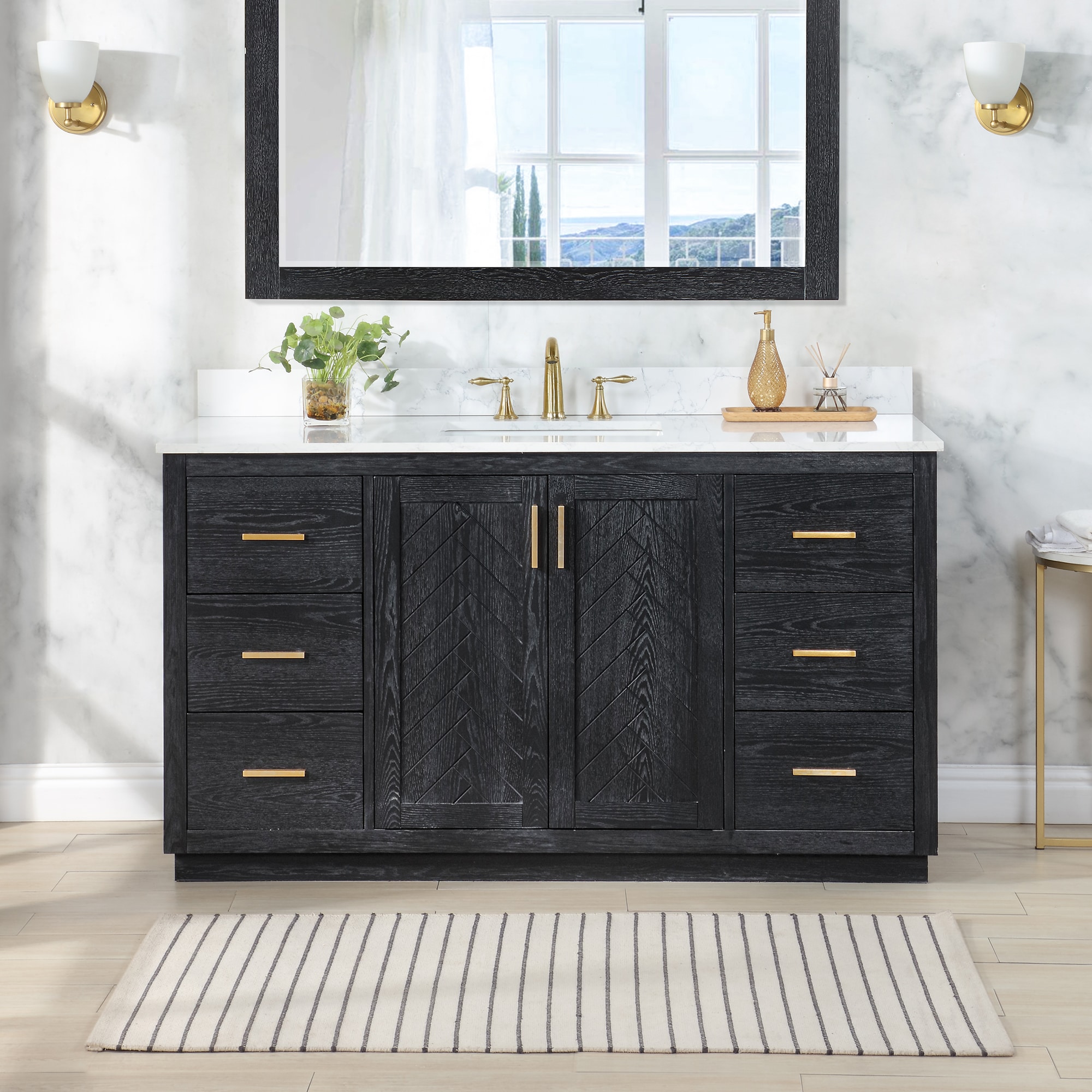 Altair 543060S-BO-GW-NM Gazsi 60-in Black Oak Finish Undermount Single Sink Bathroom Vanity with Grain White Engineered Stone Top