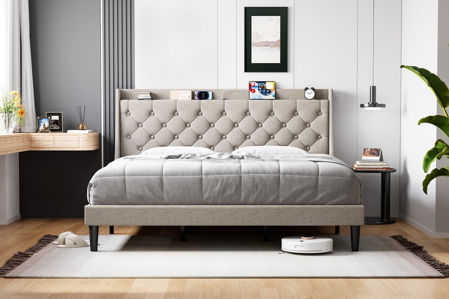 Garvee PHO-0ZF24W95 Light Gray Full Wood Platform Bed with Storage