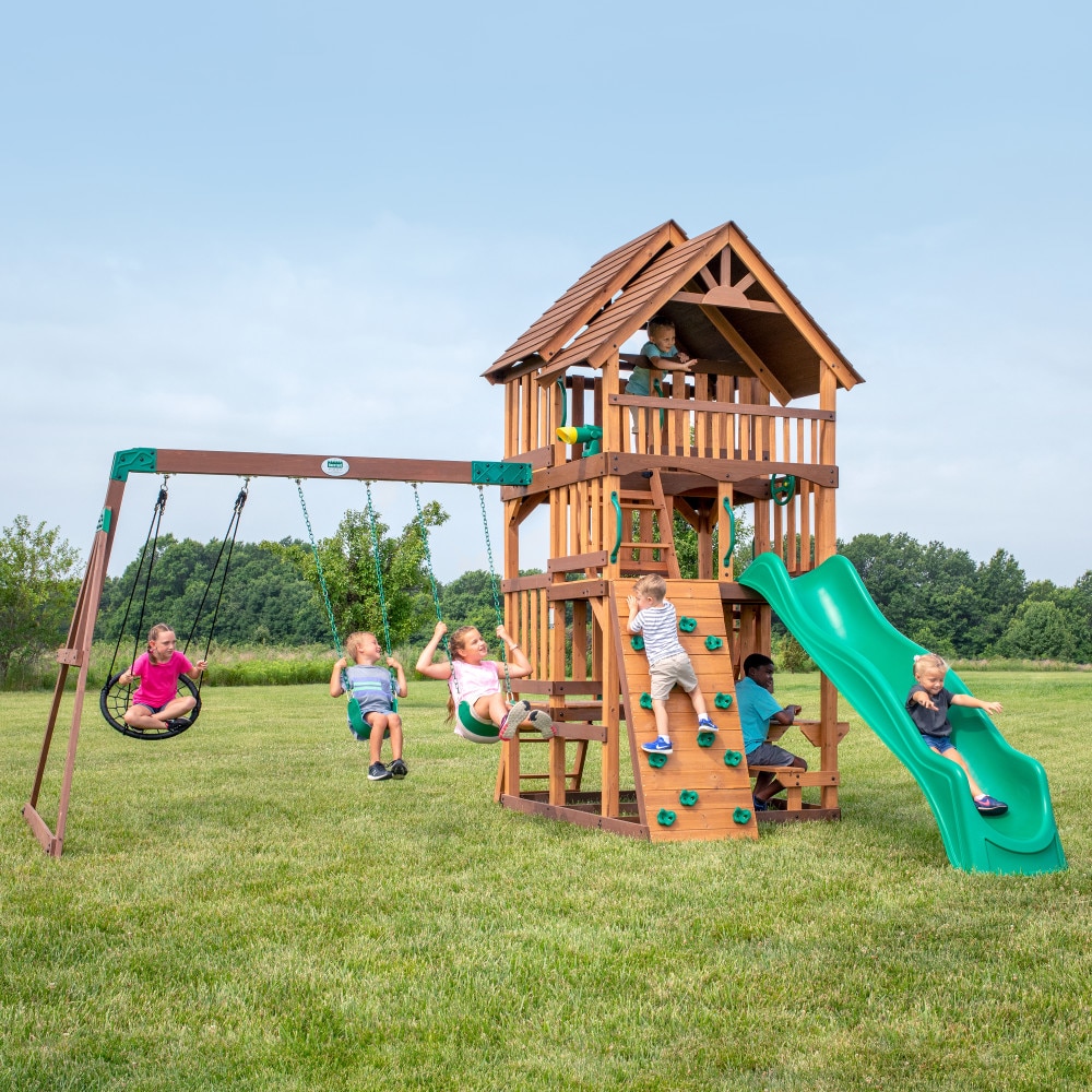 Backyard Discovery 2106017COM Highlander Residential Wood Playset with 3 Swings and Slide Included