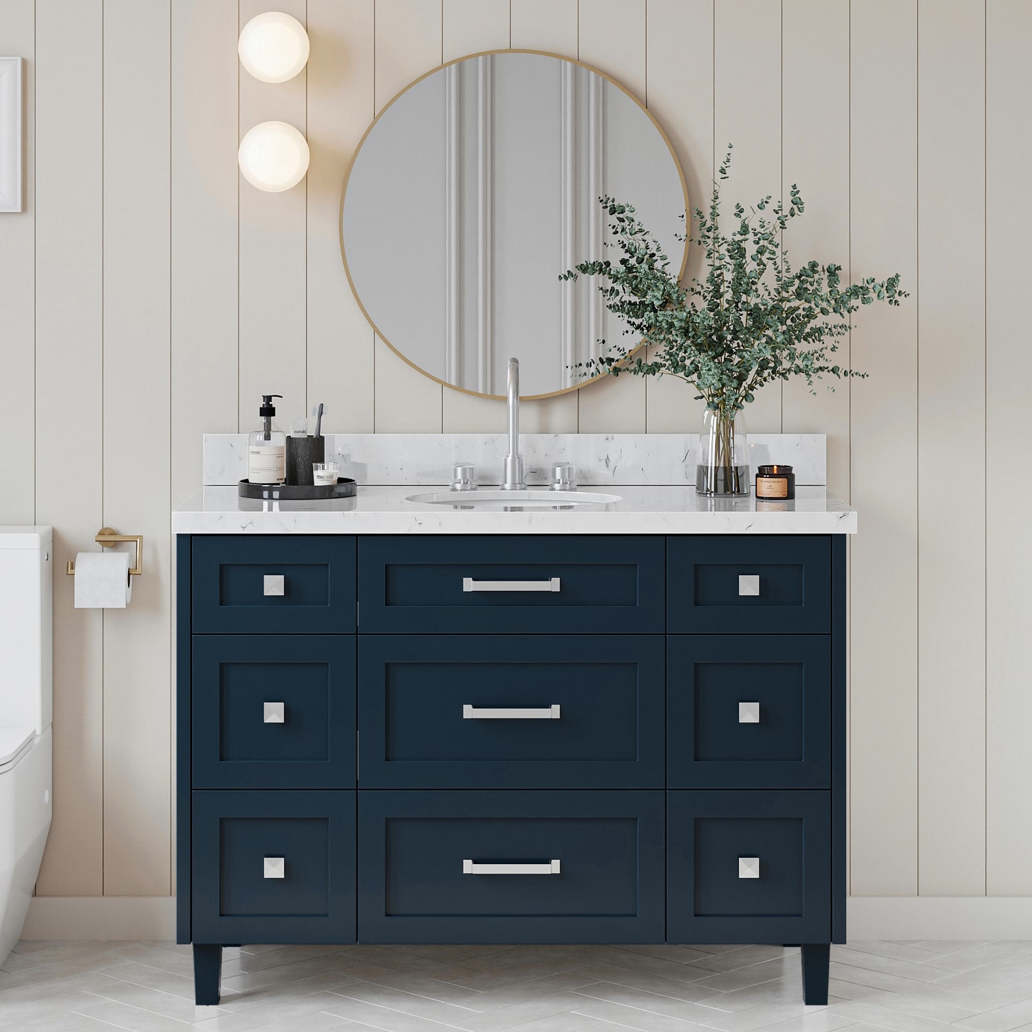 ARIEL B48CQOVOMNB Monroe 48.25-in Midnight Blue Undermount Single Sink Bathroom Vanity with Carrara White Quartz Quartz Top