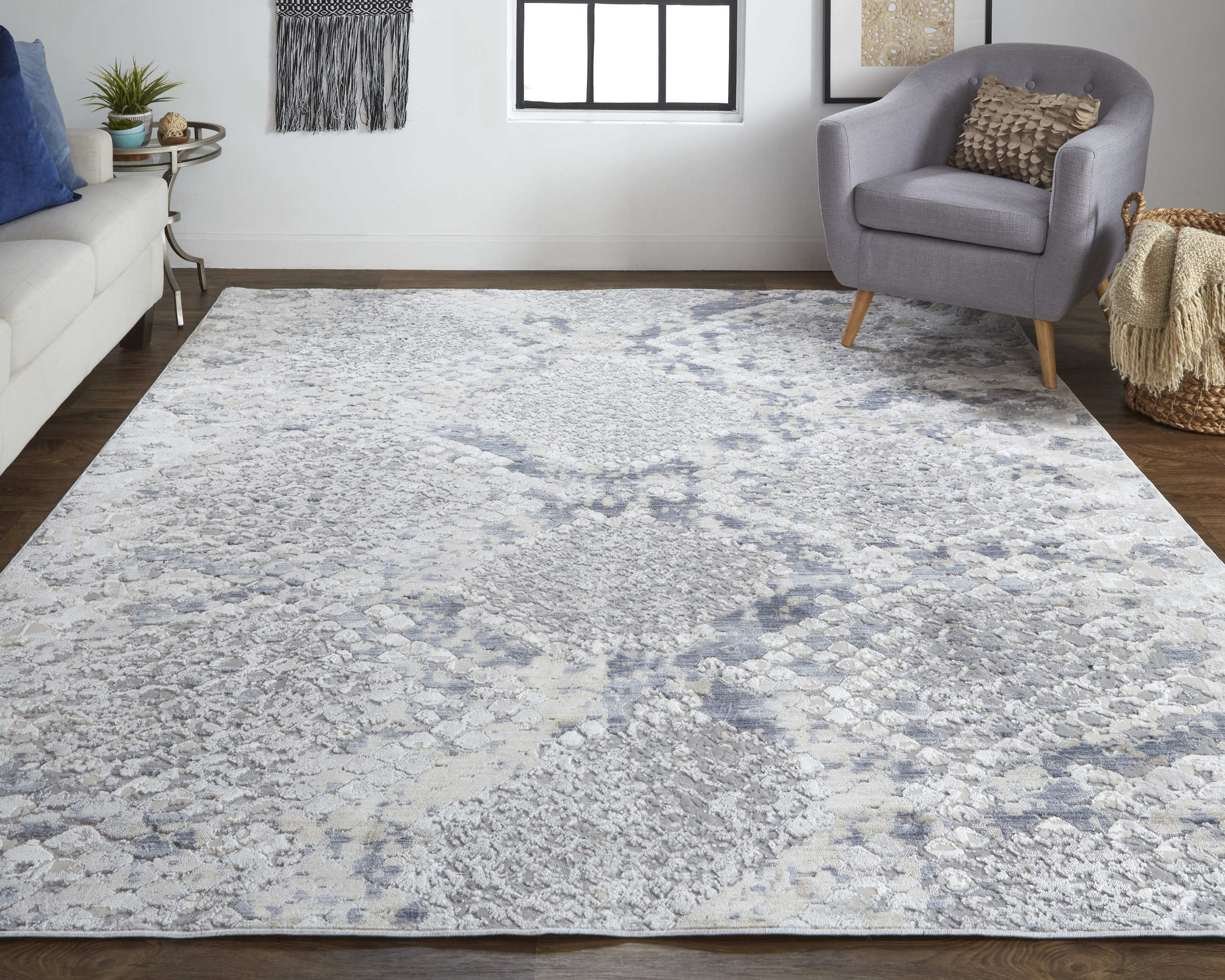 Gray and Blue Abstract Synthetic 12' x 15' Area Rug