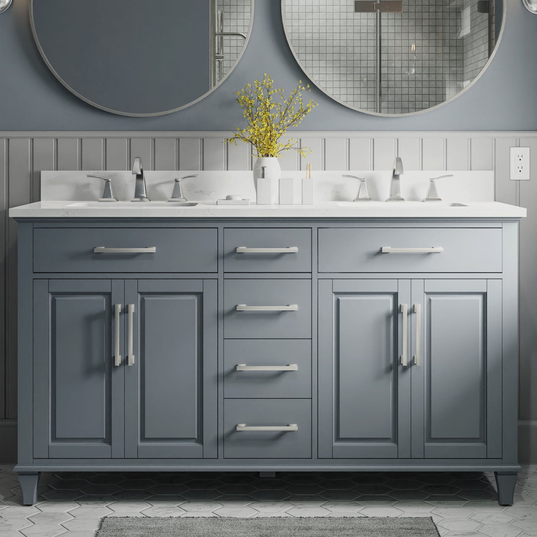 allen + roth 1789VA-60-310 Brookview 60-in Slate Blue Undermount Double Sink Bathroom Vanity with Carrara Engineered Marble Top