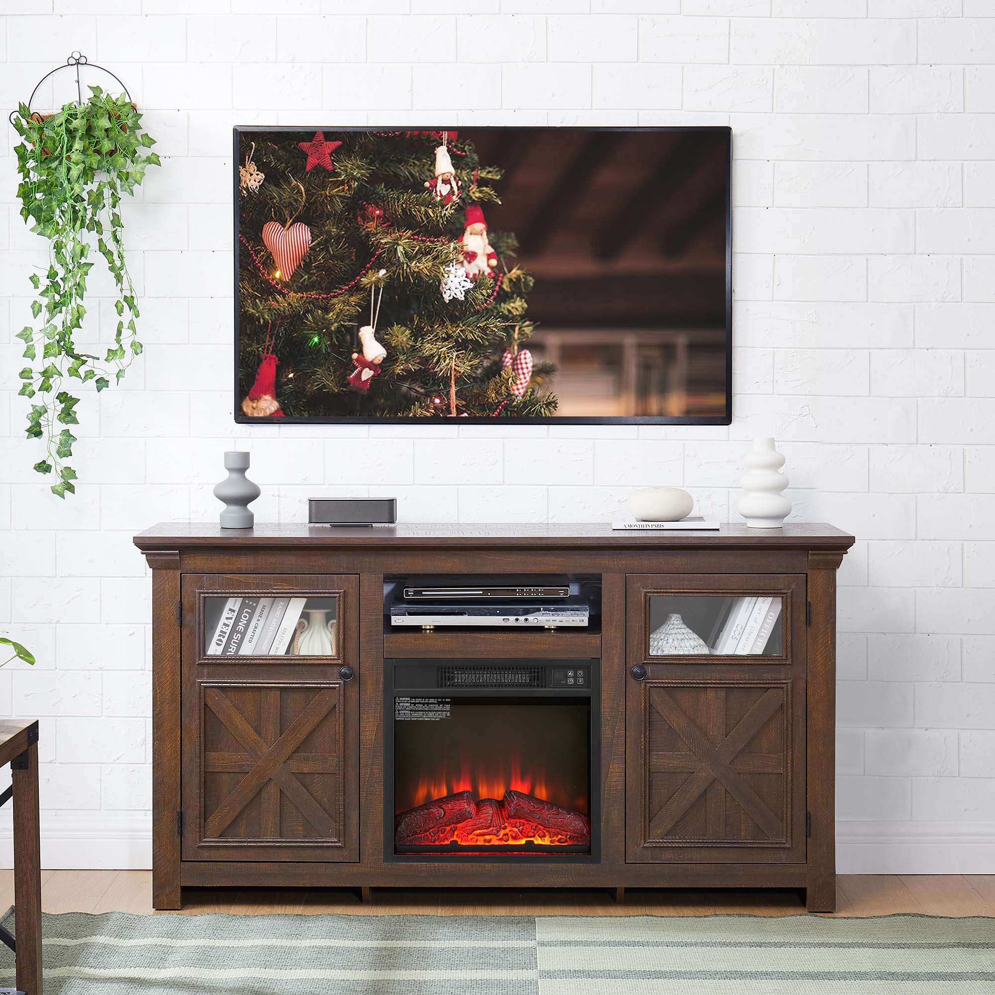 Fun Orange FUN25EF06 60.23-in W Espresso TV Stand with Fan-forced Flat wall Electric Fireplace with Remote Control Included