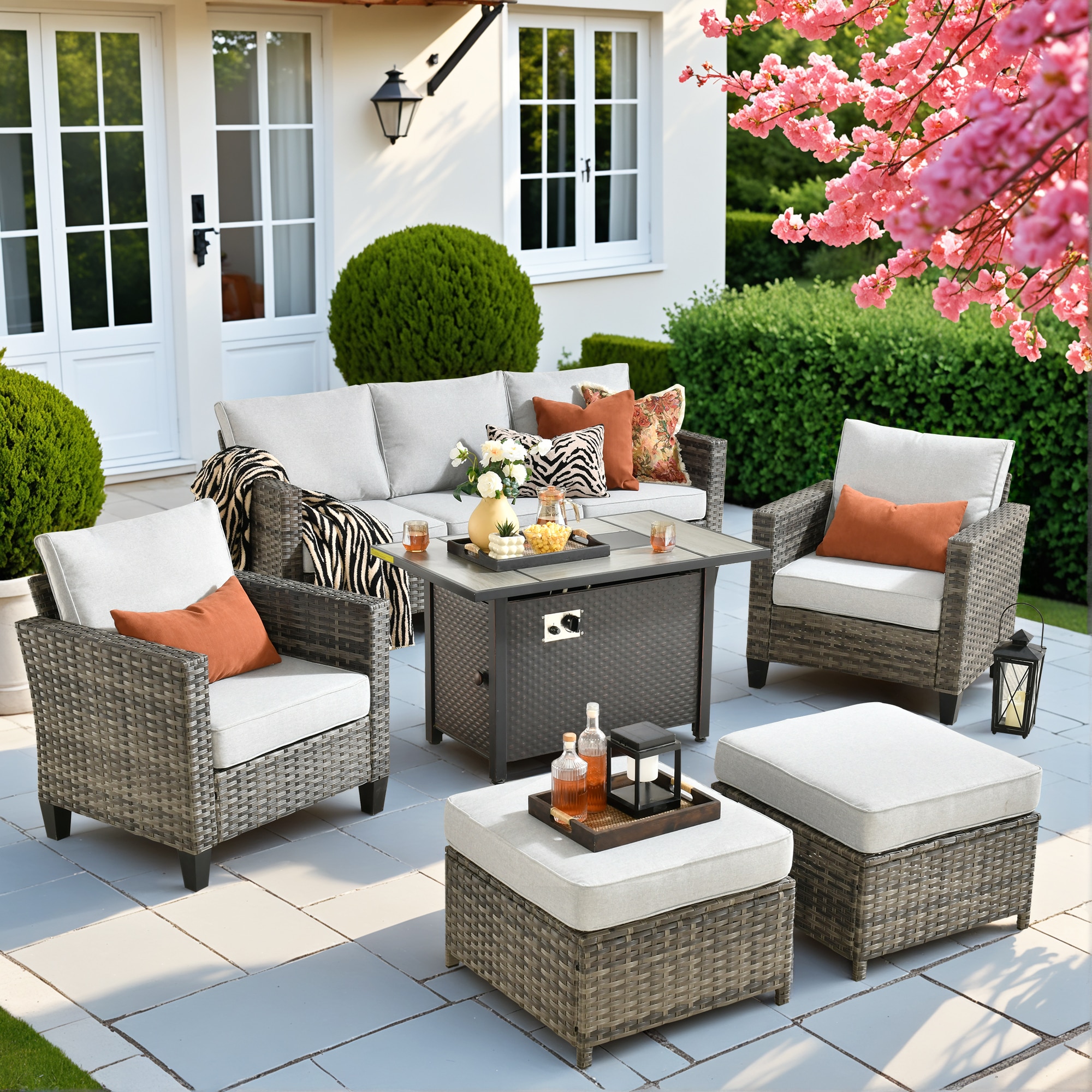 Caodoc L5-CFP03-GRS706 Golden Stars Rattan Outdoor Sectional with Light gray Cushions and Rattan Frame