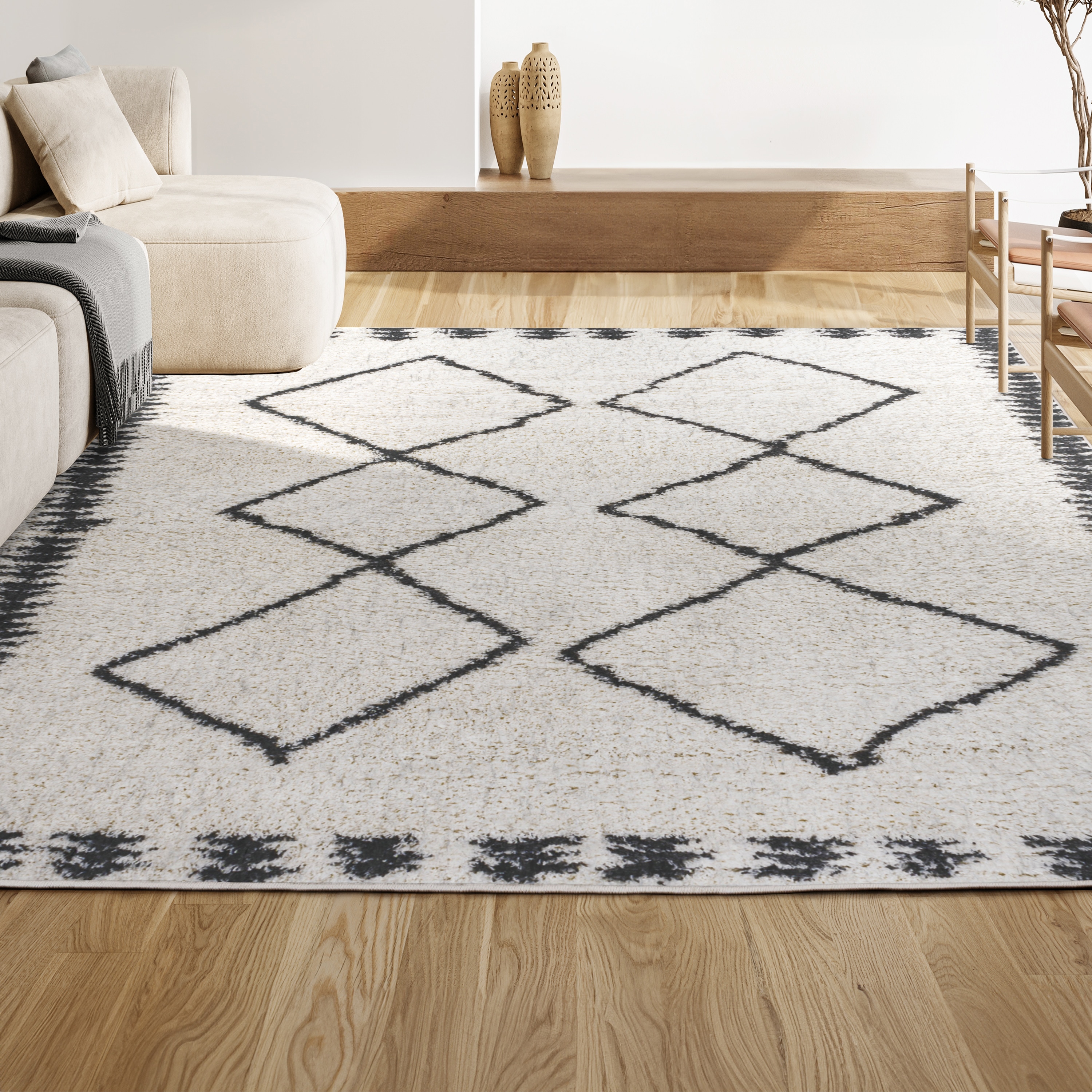 Calvia Reversible Black Diamond Shag Round Rug - 5ft