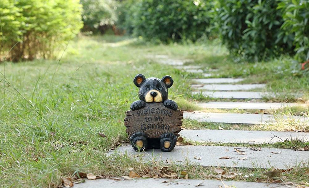 Black Polyresin Bear Cub Garden Statue with Welcome Sign