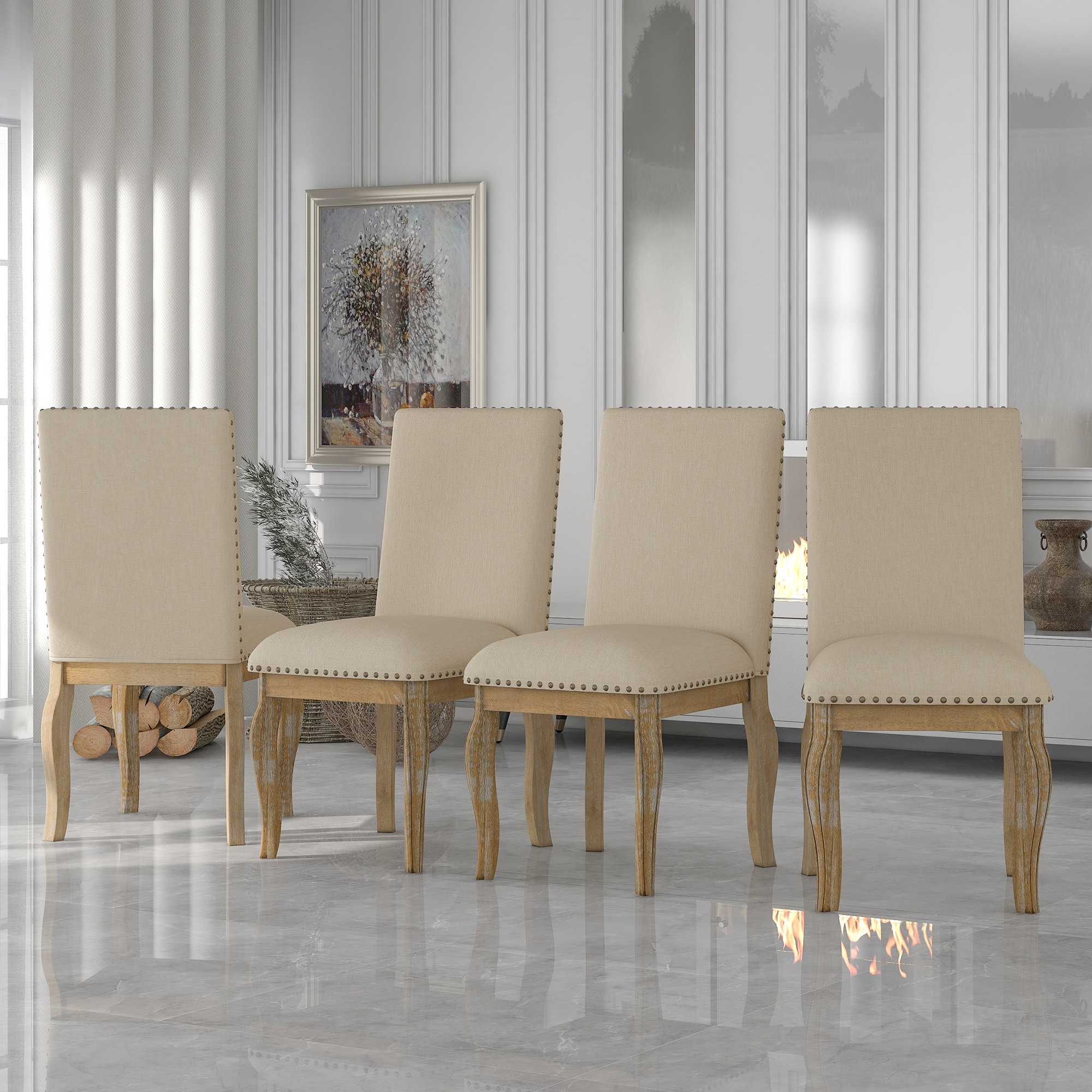 GDFStudio - Set of 4 Dining chairs Wood Upholstered Fabirc Dining Room Chairs with Nailhead (Natu...