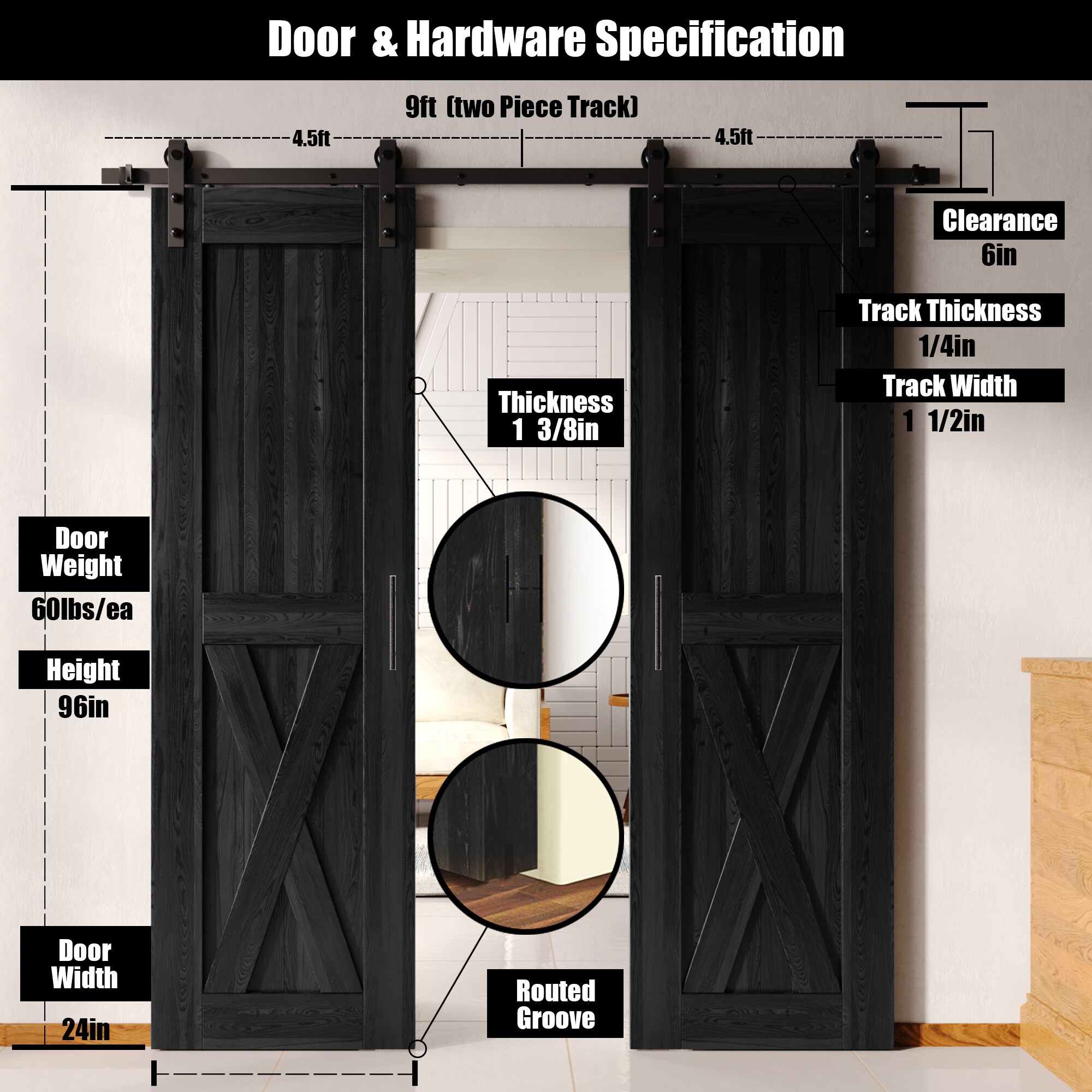 HOMACER YT2TGH108C-2496-X-BK Barn-Doors - View #2