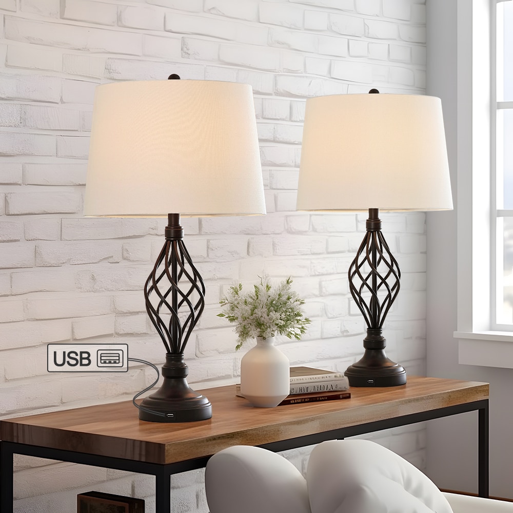 True Fine 28-in Bronze LED 3-way Table Lamp with Fabric Shade (Set