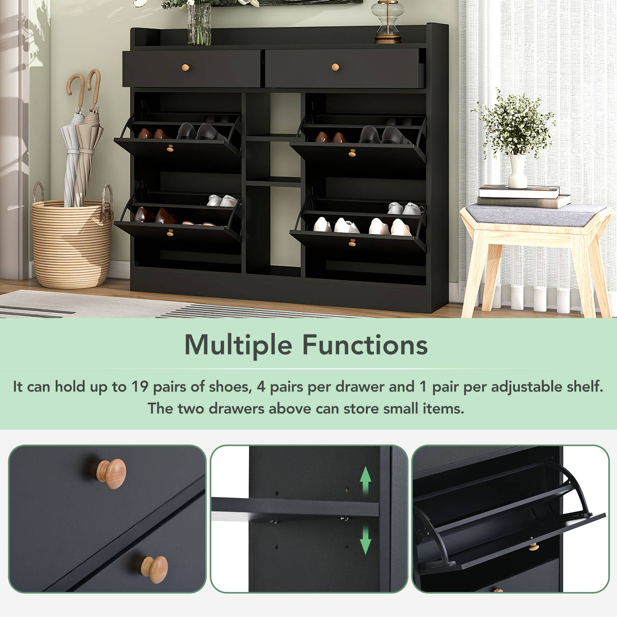 Yiekholo Black MDF Shoe Storage Cabinet with 4 Flip Drawers and Open ...