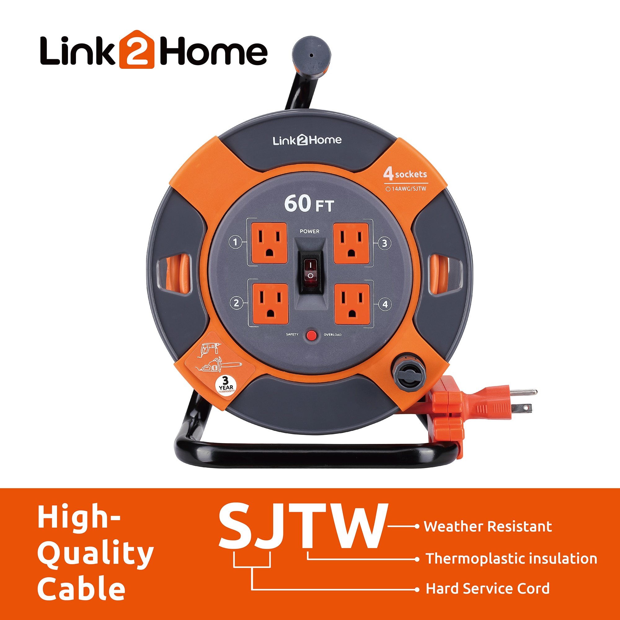 LINK2HOME Cord Reel Power Management 60-ft 14/3 3-Prong Indoor/Outdoor SJTW  Medium Duty General Extension Cord in the Extension Cord Accessories  department at