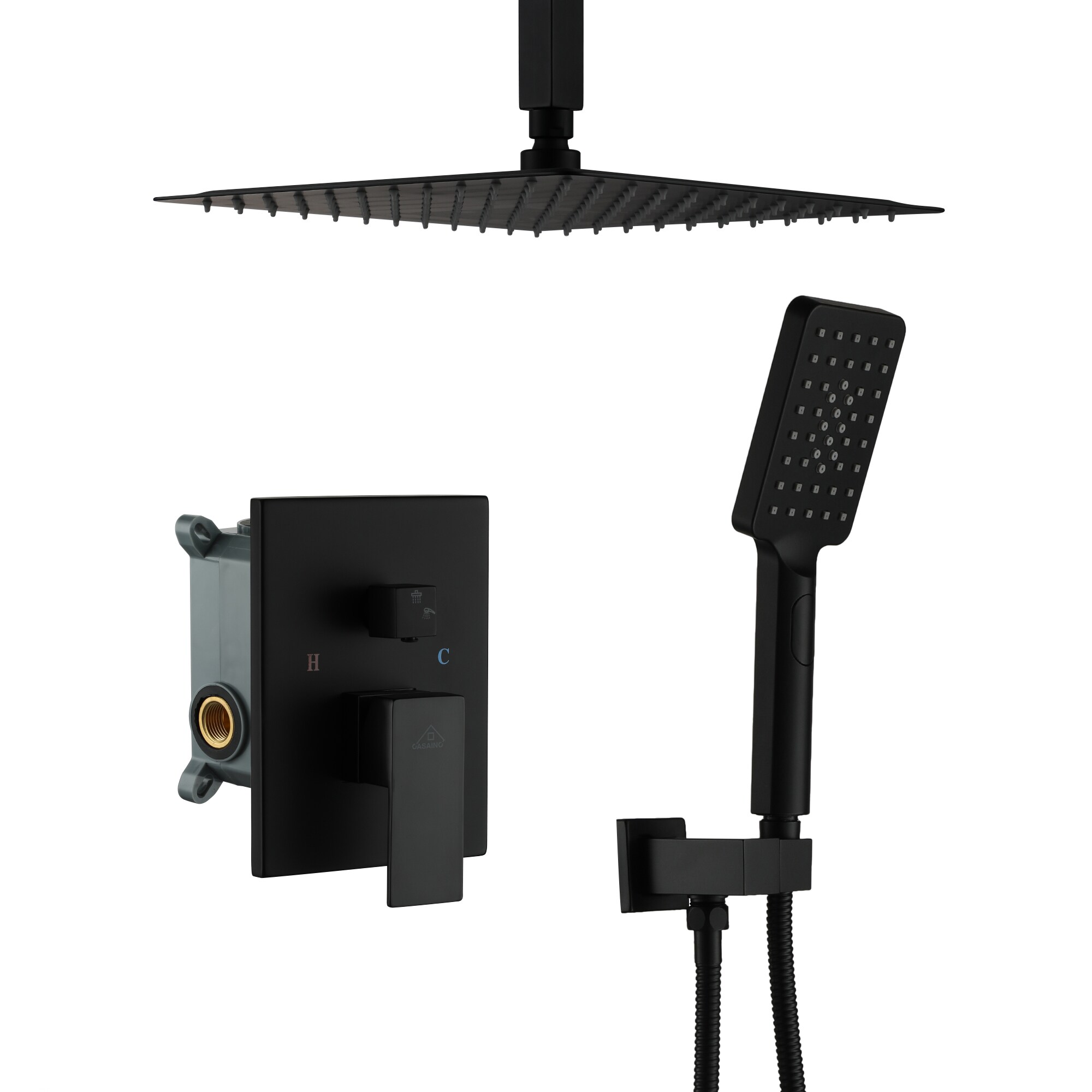 CASAINC OY-98B1202-MB Matte Black 12-Inches Waterfall Built-In Shower Faucet System with 3-way Diverter ( Pressure-balanced Valve Included )