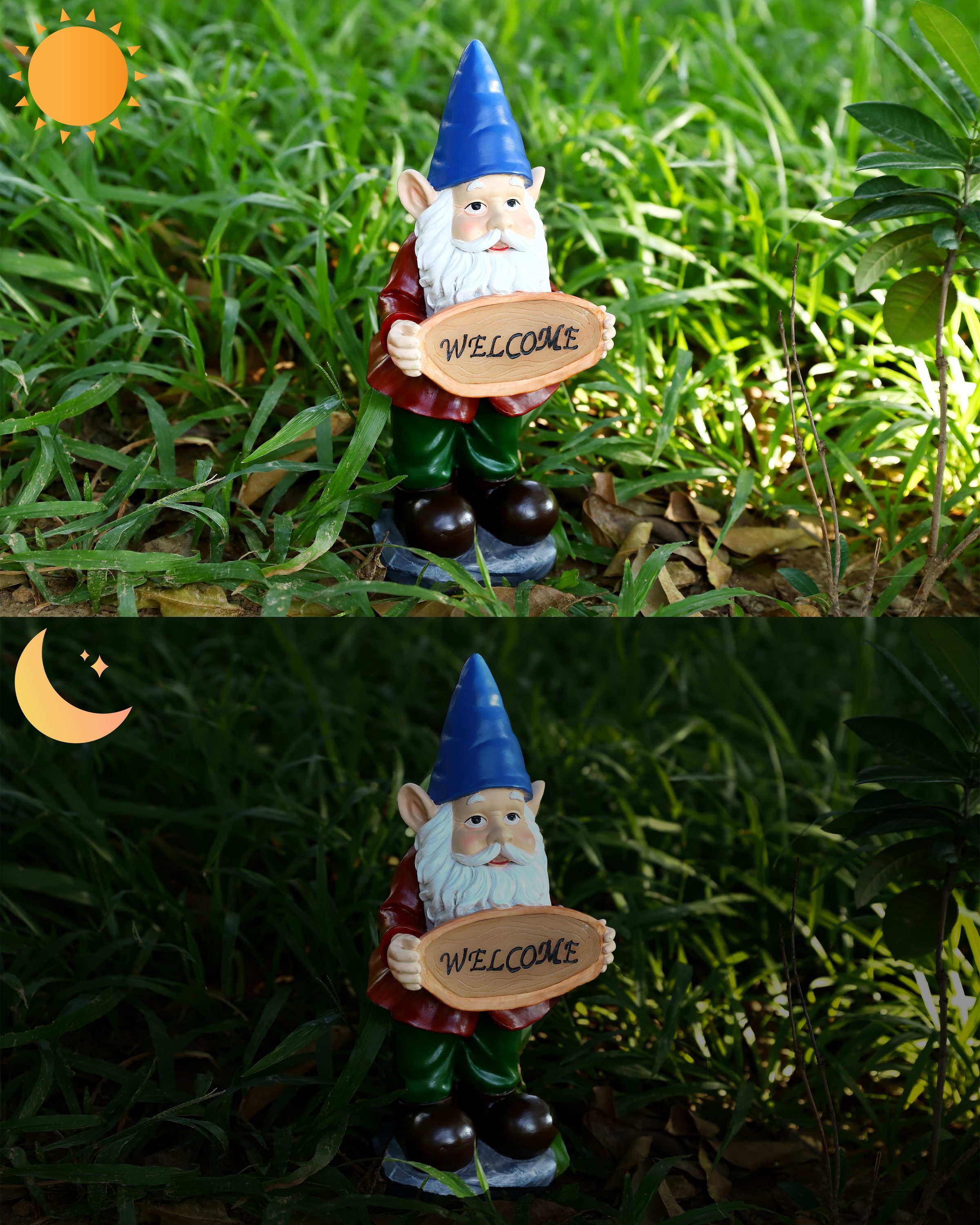 15" Hand-Painted Resin Gnome Garden Statue with Solar Spotlight