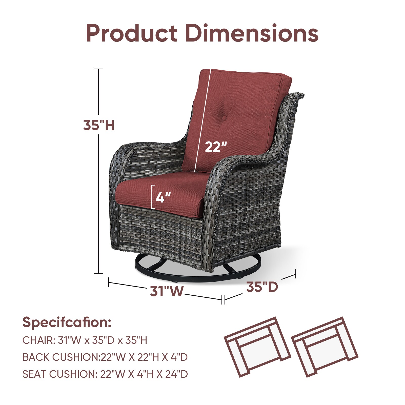Grey and Red Outdoor Wicker Rocking Lounge Chairs with Cushions